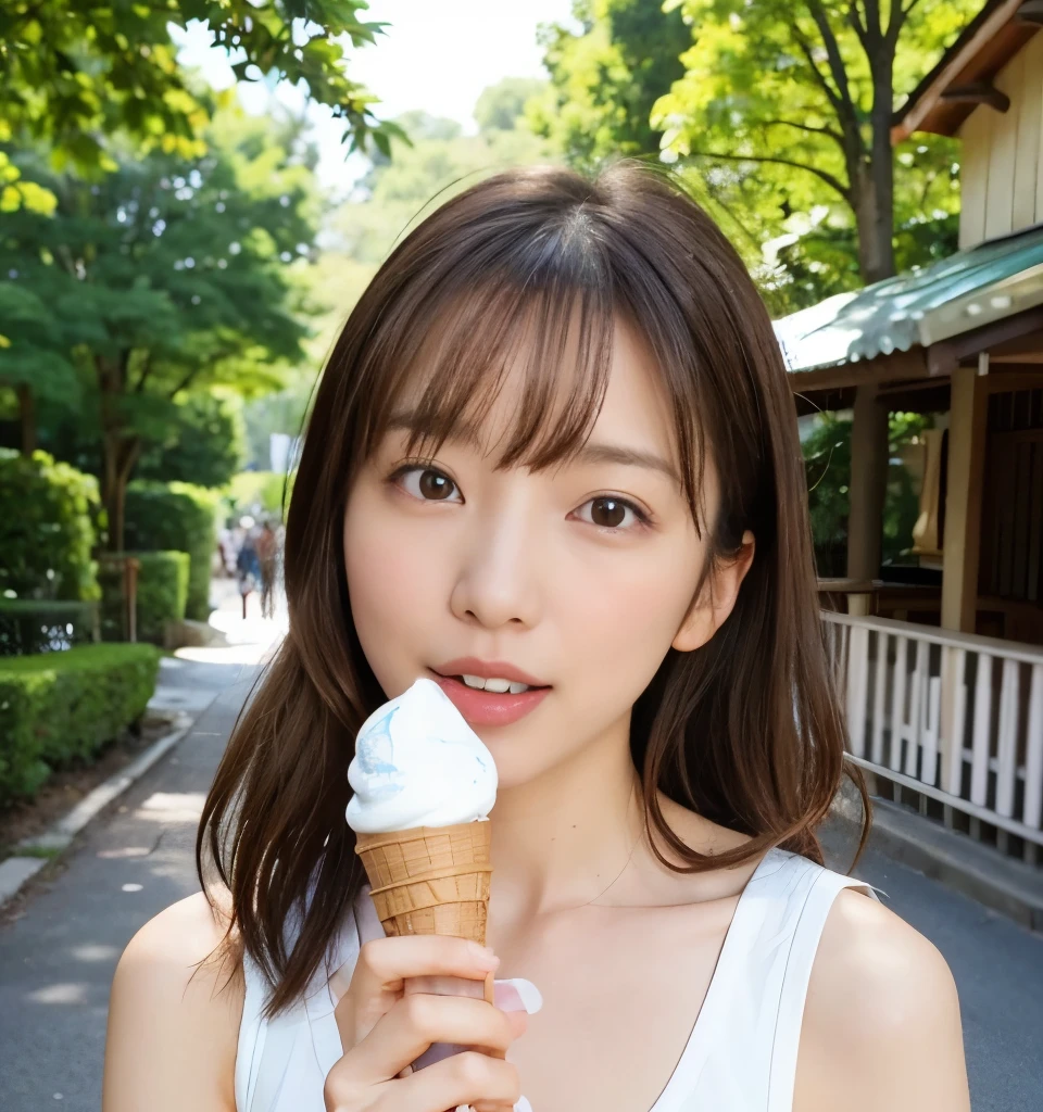 highest quality、8k、masterpiece、Ultra-high resolution、クリアなphotograph、リアルなphotograph、Realistic、Professional Lighting、Natural light、photograph、Very cute girl、The cutest Erina Mano、Licking soft serve ice cream:1.8、Apply cream to face:1.6、Apply white cream to cheeks:1.6、Face close-up