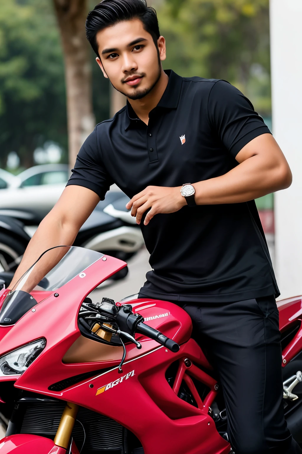 a picture of Handsome MELAYU Malaysia Men , Pose riding on SuperBike DUCATI, Have Little Bit Beard on face, wear Black polo shirt, in torso shirt have strip pink white, gentleman Style  Pose

((best quality)), ((masterpiece)), (detailed), perfect face, 