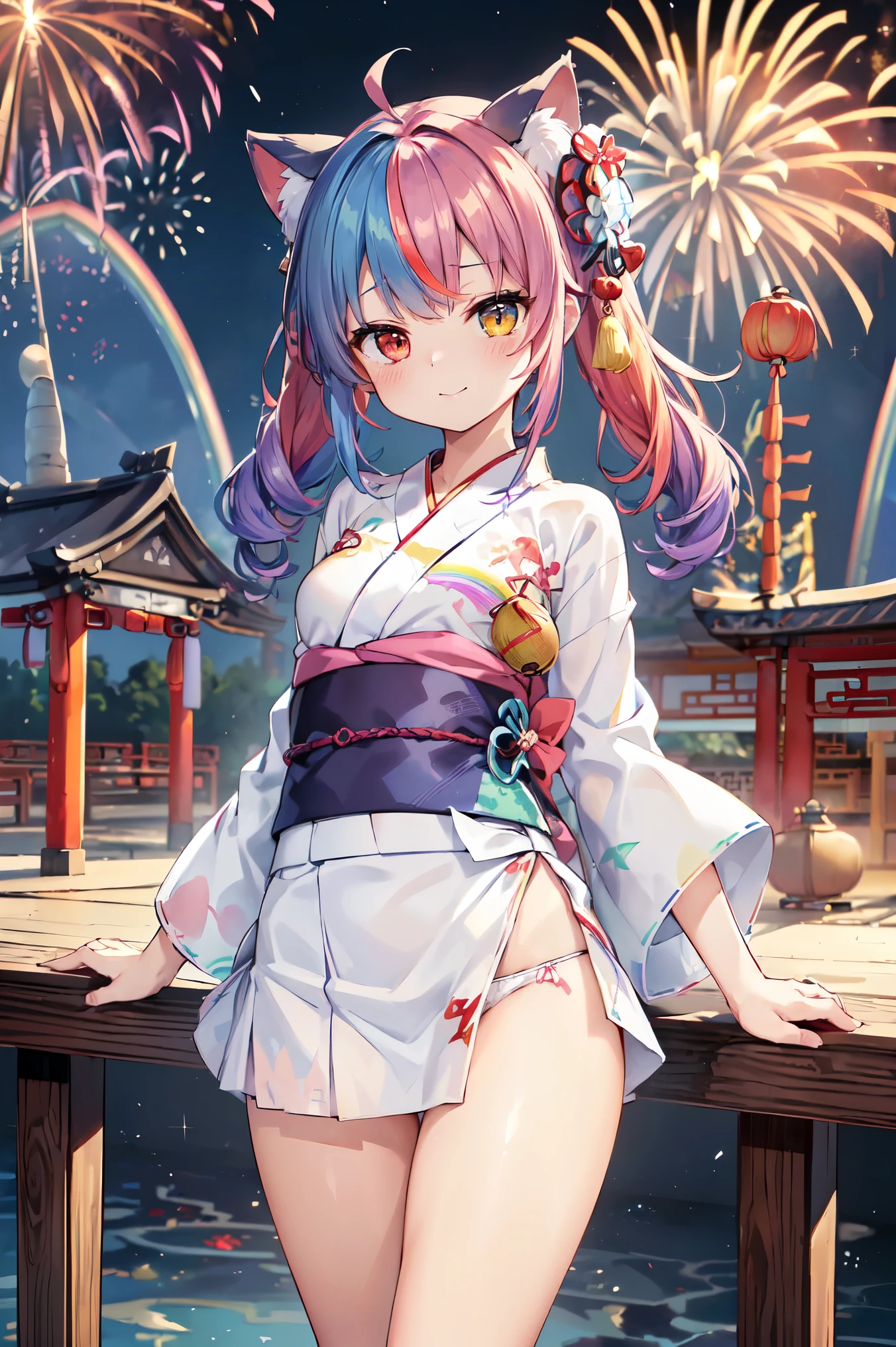 Absurd、Ultra-detailed、masterpiece、highest quality、break、Official Art、(Beautiful and aesthetic:1.2)、(Watercolor:curly)、break、Devilish Beautiful Girl 1.2、Beautiful girl、(cute:⒈3)、、break、((Rainbow Hair:1.4))、break、Striped Hair、((Random hairstyle:1.2))、(splash)、(Fractal Art 1.3)、break、Cat ears、Sexy、break、white stockings、humanoid、break、(((Open-chested Chinese yukata and miniskirt:1.4)))break、((Heterochromia iridis、break、Variegated eyes))、break、((A little while ago:1.2))、omatsuri、Smiling shyly in front of the food stall、break、Look at the viewers、((The embroidery pattern is cute((white))String panties:1.2))、break、((Fireworks in the background:1.4))、break、Ultra-detailed大きなハート型の花火:1.5、break、Neon-lit night sky、Shyness、blush、A happy smile、break、Reach your audience、Random Pause、break、、break、break、Stick your butt out、break、Item Apple Candy、Chocolate Banana、cuteパンチラフィギュア、Cute embroidery white:1.cute((white))String panties:1.2 Skirt Lift Up:1.2、fan service