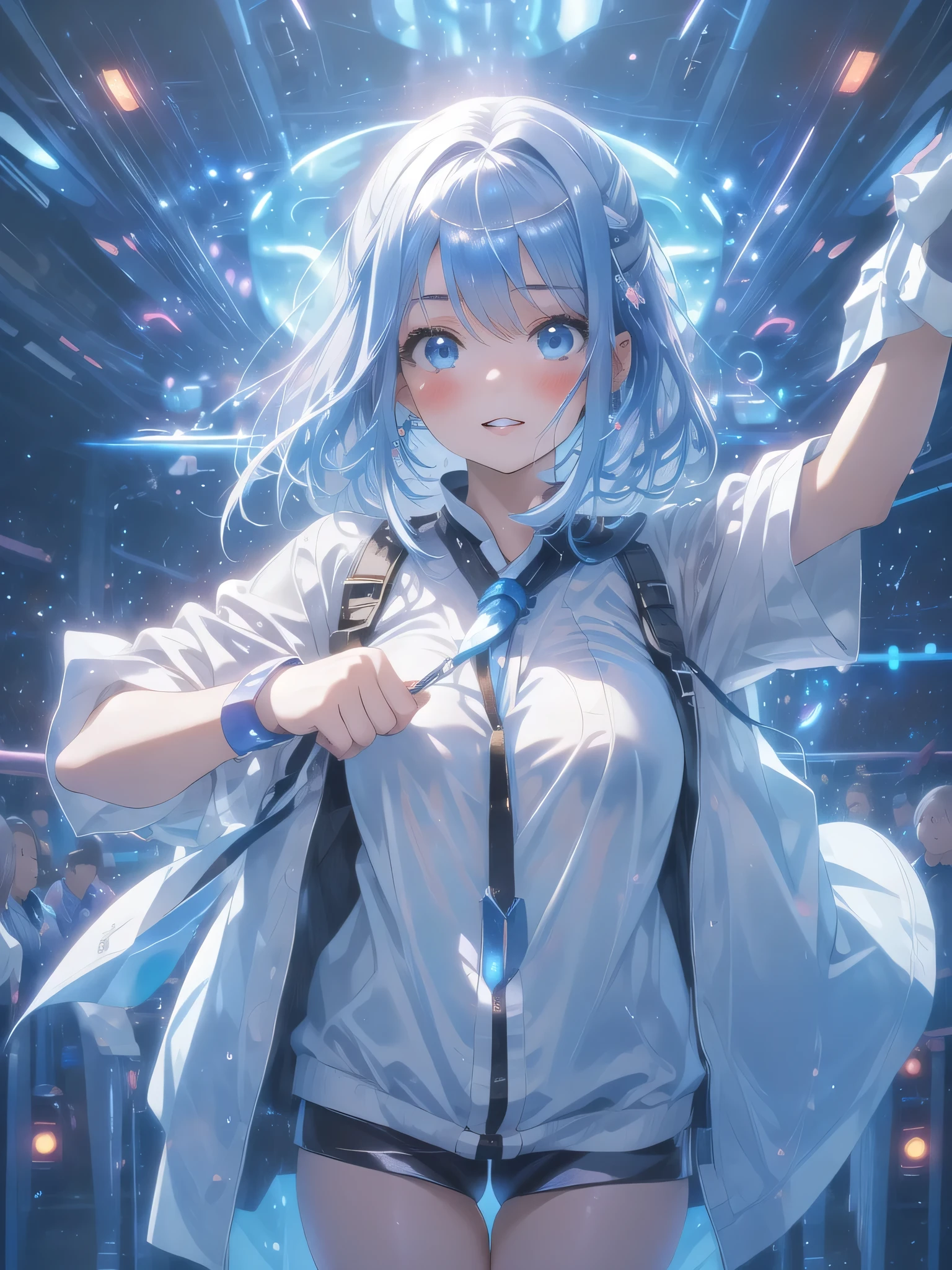 Glaring,Stardust、universe、1 girl(1:2)、Age 25、universe、masterpiece, highest quality, (delicate eyes and face), Volumetric Light, Ray Tracing, Very detailed CG Unity 8k wallpaper, , Hair above one eye, Light blue hair between the eyes、short hair、Light blue hair(1:2)、Looking at the audience, Seductive pose,Beautiful crystal eyes(1:1)、Show your eyes、grin and laugh、The art style resembles an attractive anime style. About image quality, priority (highest quality, 4K, 8k, High resolution, Bodyline 1.2), Very detailed, and (Realistic, Realistic, Realistic:1.37) ,Yoga poses.Ultra-fine painting, Sharp focus, Physically Based Rendering, Extremely detailed, Professional, Bright colors,、White shirt with a little sheer feel、Plump thighs、、phblue
scenery
blue theme