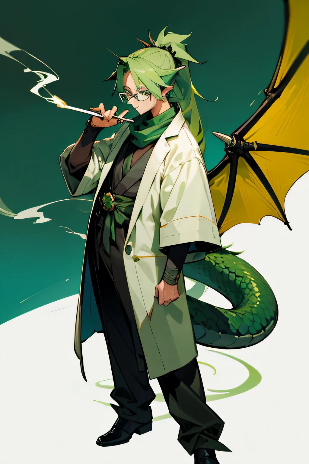 1boy, green hair, green and blue odd eyes, long hair, ponytail, samurai, scarf, glasses, holding a cigarette, are standing, full body, dragon tail, dragon wings