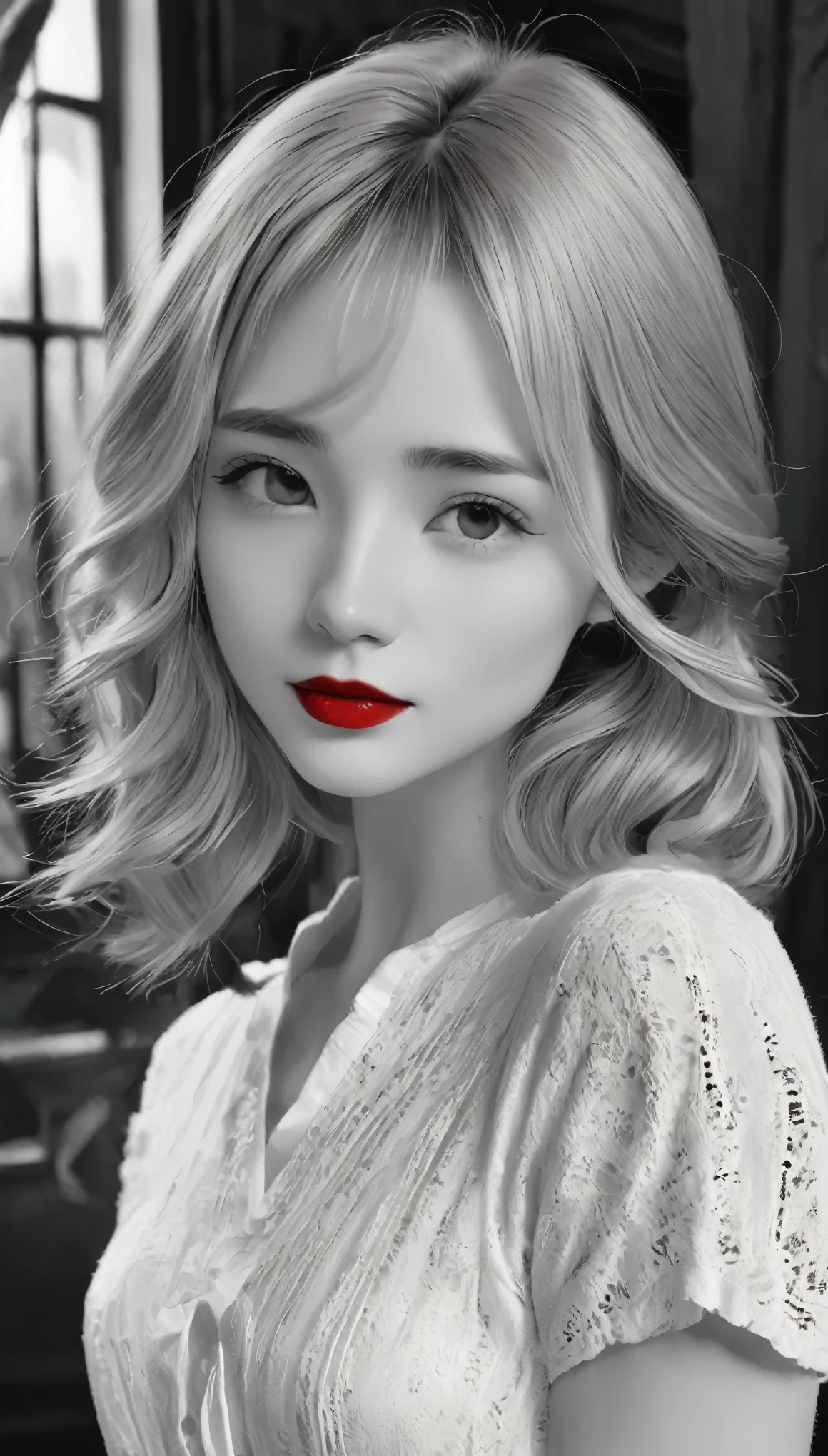 (((Black and white art:1.2、Black and white photography、RAW Photos、Film Grain)))、Beautiful woman、Small Nose、((Fuller lips、Attractive red lips:1.3))、Attractive hairstyle、dress、highest quality、High resolution、High resolution、Cinema Lighting、Black and white photography、Professional Photographer