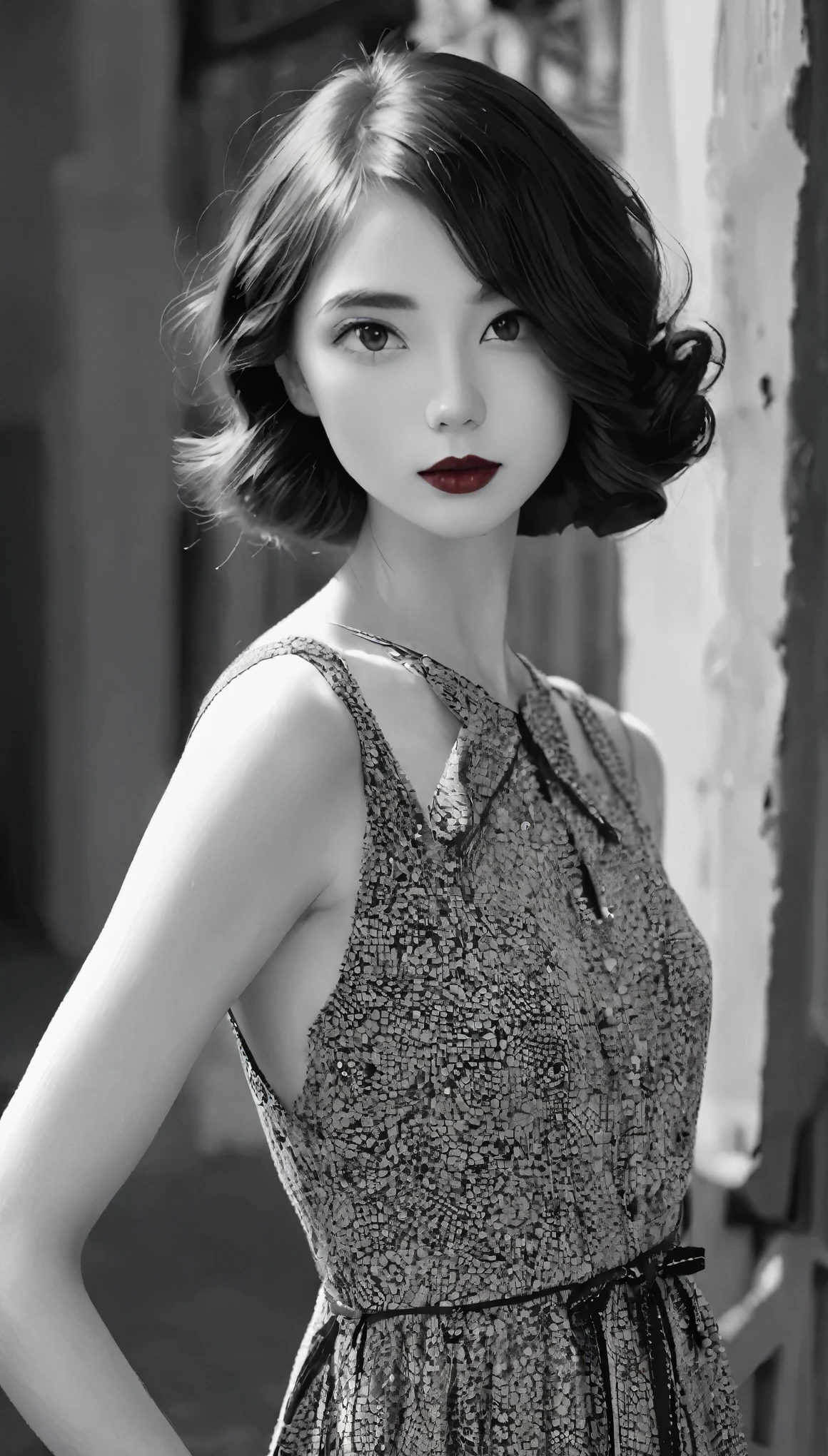(((Black and white art:1.2、Black and white photography、RAW Photos、Film Grain)))、Beautiful woman、Small Nose、((Fuller lips、Attractive red lips:1.3))、Attractive hairstyle、dress、highest quality、High resolution、High resolution、Cinema Lighting、Black and white photography、Professional Photographer