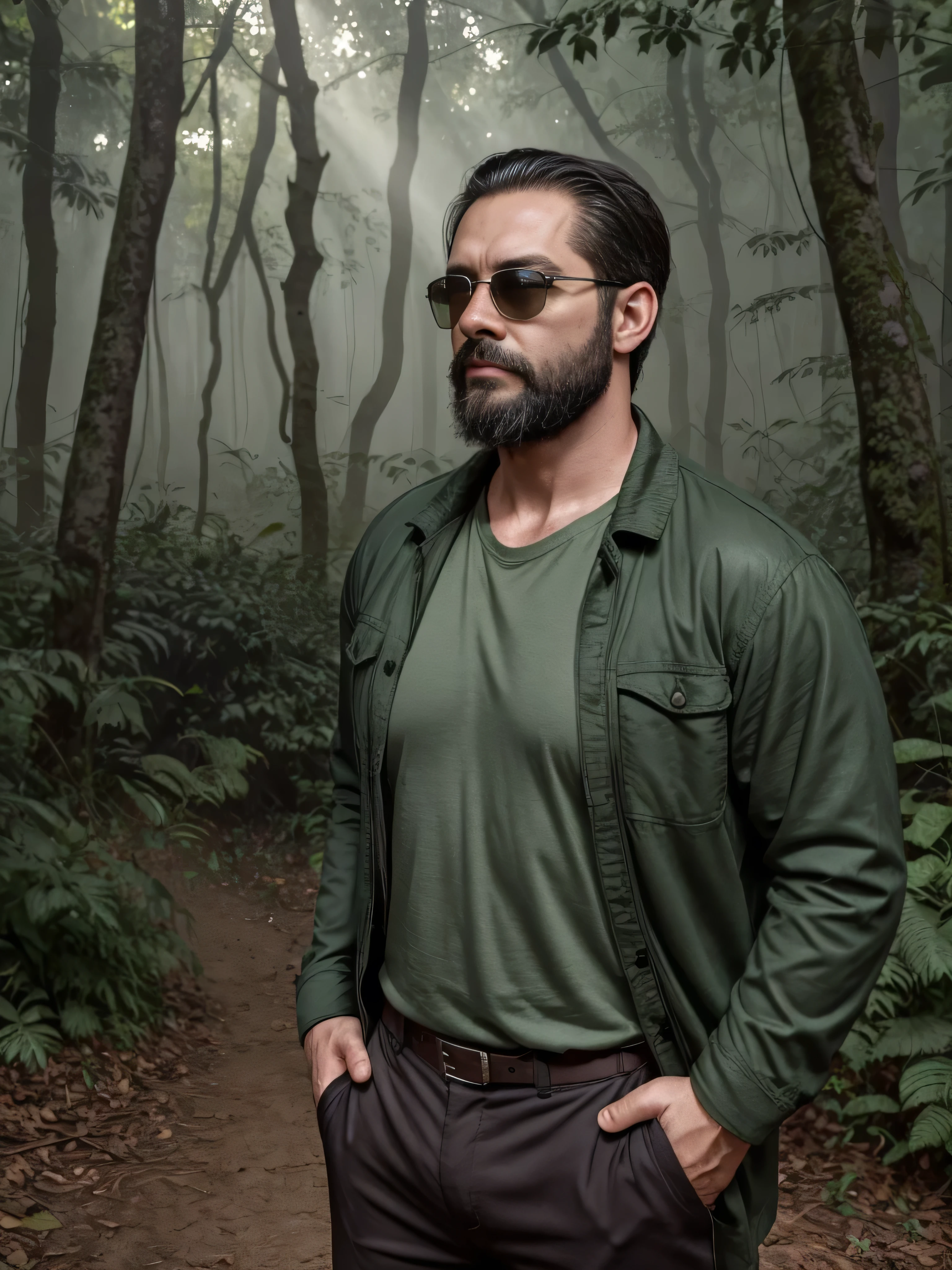 Create an ultra-detailed digital art image featuring a very masculine 38-year-old man with a beard and wearing dark sunglasses. He is shown in a medium shot, displaying the upper part of his body. The setting is a serene and mystical forest at dawn, with soft sunlight filtering through the trees. He wears a rugged, dark green jacket over a fitted shirt, blending with the natural surroundings. The forest is filled with lush greenery, dappled light, and an ethereal mist that adds a touch of magic to the scene. His expression is calm and contemplative, perfectly fitting the tranquil environment. The image should be rich in detail, capturing the texture of his clothing, the reflection in his sunglasses, and the serene beauty of the forest.