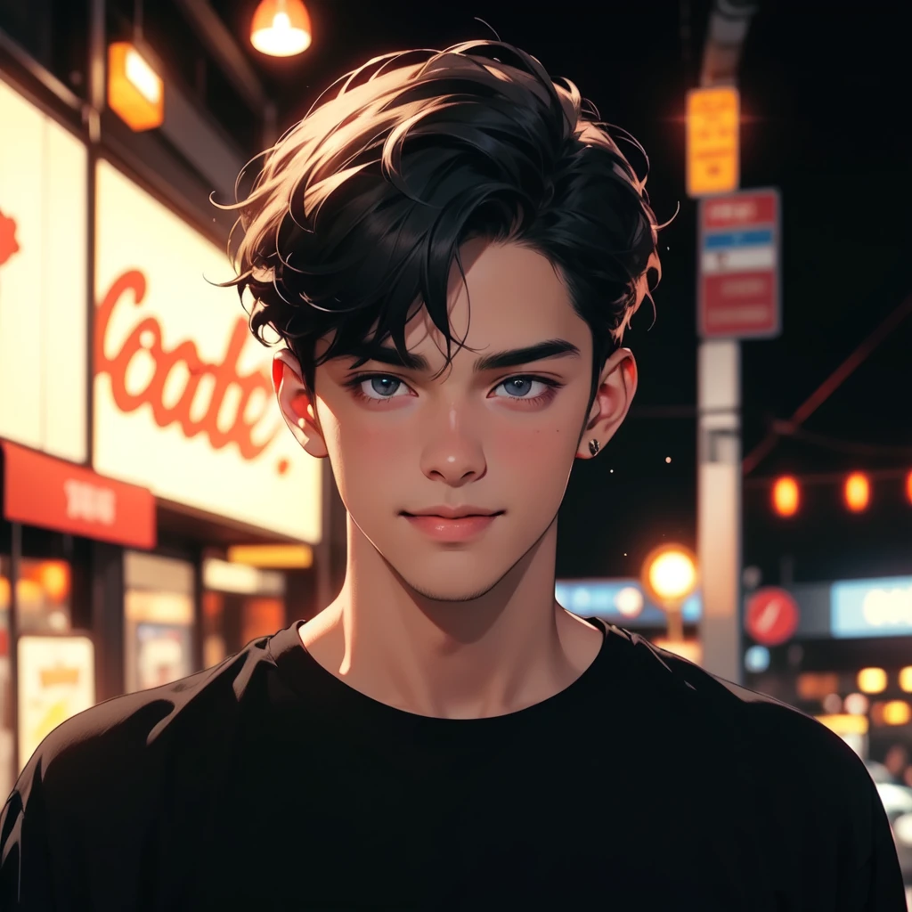 Best AI absurd, High resolution, 8k,(Ultra_Realistic:1.3),(photoRealistic:1.4),Sharp focus, (1 Beautiful Boy:1.3), A little smile, de luz, T-Shirts, V-sign, Glitter, Shining neon lights,Cinema Lighting,In summer,Cafe, Detailed Background, Depth of written boundary,