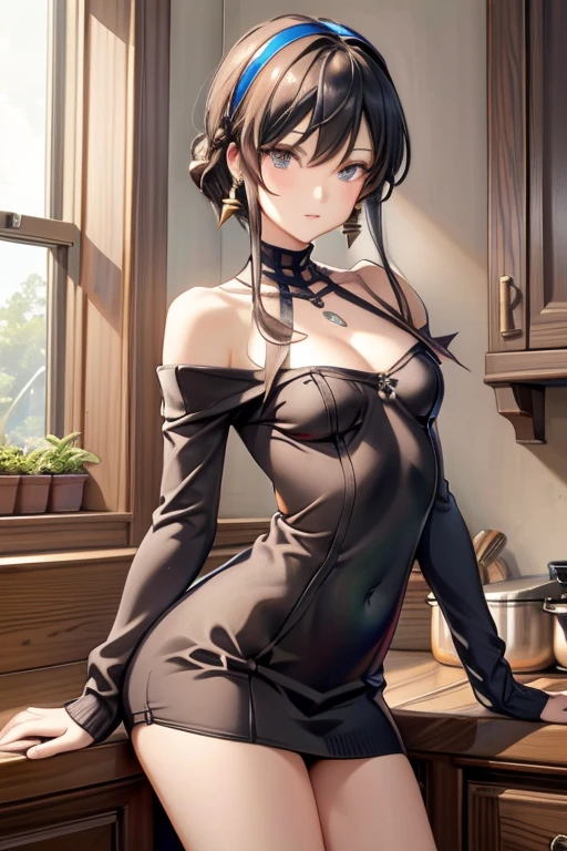 (dynamic angle:1.3, front view:1.1, breast focus:1.3, from below:1.2), (dynamic posing:1.5, sexy posing:1.3, leaning forward), (seductive smiling:1.3),masterpiece, 1girl, (pointed chest:1.3), cleavage:1.1,(double breasted:1.4,under bust:1.4), Amazing Cleavage:1.5, thin waist, cute ass, Raised sexy, (small breast: 1.6) posed cleavage:1.4、solo, looking at viewer, open mouth, have a grass of beergrass,black hair, blue eyes, bare shoulders, jewelry, collarbone, sidelocks, hairband, earrings, indoors, (red off shoulder sweater dress:1.3,skirts:1.6), arms behind back, short hair with long locks, blue white hairband, big side hair, very long side hair is rendered in (masterpiece: 1.2, best quality), with (ultra high resolution) and an exquisite (depth of field). This masterpiece is not only visually stunning but also tells, a scene of cooking in the kitchen