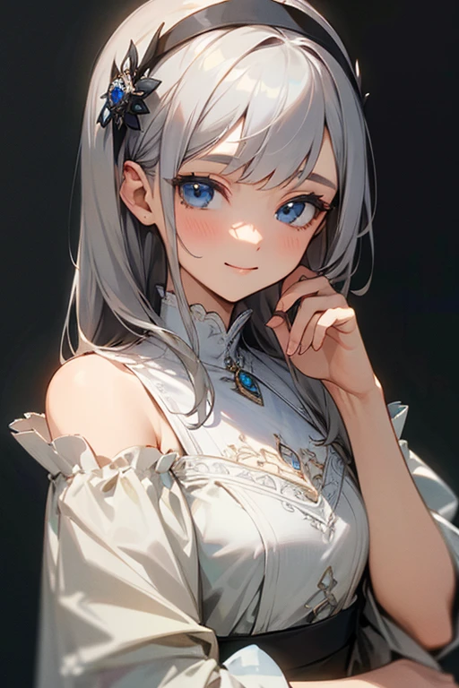 (masterpiece: 1.2, highest quality), (Actual Photos, Intricate details), 1. woman, alone, Upper Body, casual, Shoulder-length hair, Minimal makeup, Natural materials, Face close-up, smile, Home, Gray Hair, blue eyes, Shoulder Bare、優しいsmile、the face remains the same、gorgeous hair accessory、Black eye clothes、