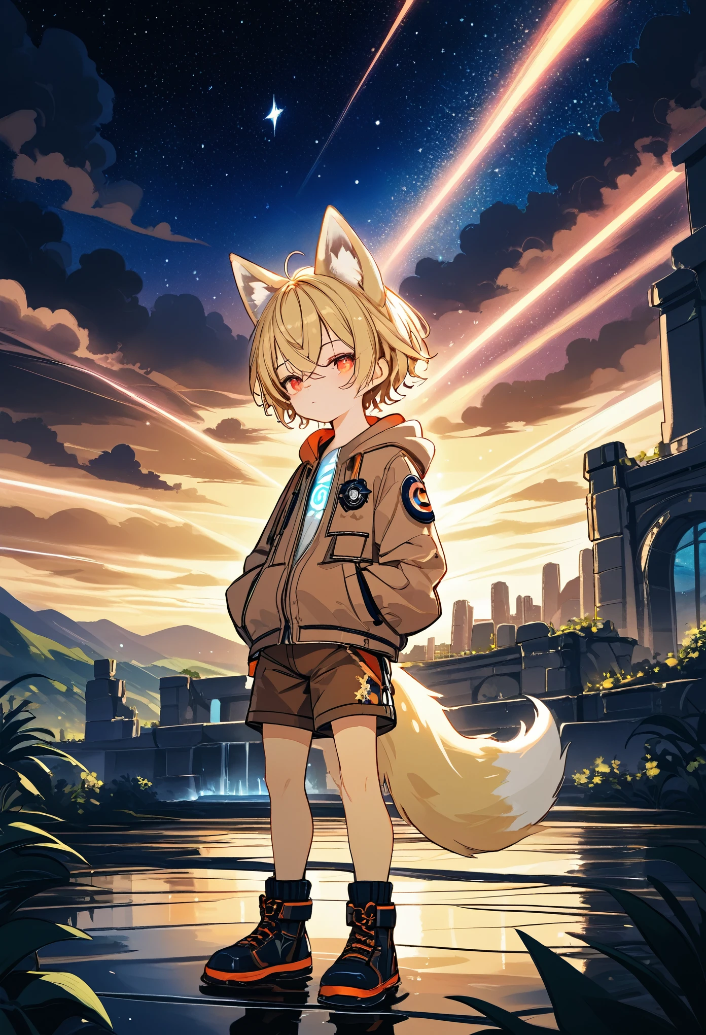 masterpiece, best quality, 4K，Ultra-delicate, Shota the fox, solo, hairy pubic, shaggy, Skin fur, Golden fur, Golden yellow face fur, Short straight blonde hair, Eyes have light, Red eyes, Brown elements on fur, Brown coat brown hood up, Star pattern white top, brown shorts, Beautiful lights and shadows, Ambient light, Ultra-fine fur, natural  lighting, Fluffy tail, Dilapidated building, Plant elements in ruins, lichen, There is no other life, Night, starry sky, Vast landscape, crossed bangs, Hairline, Shiny hair, lone nape hair, Dilated pupils, Sleepy(moon full, meteors)Star cloud, Warm light source, Rained, wet clothes(overcast sky, Standing downpour)Extra-long sleeves, Purple and orange, Complicated details, Volumetric lighting, Dynamic configuration, Highly detailed and colorful details, luminous lighting, Atmospheric lighting, dream magical, magic, Glowing light,