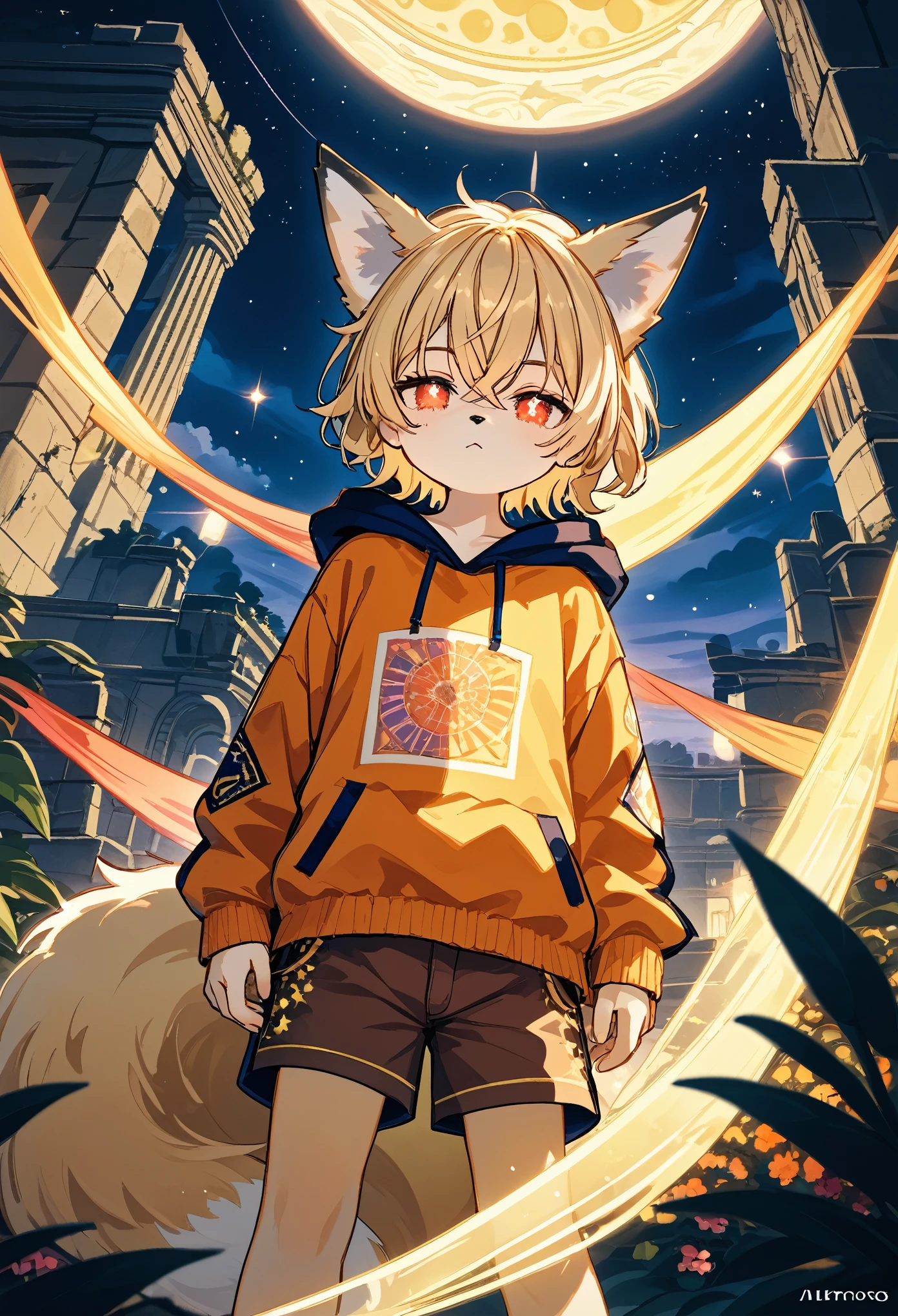 masterpiece, best quality, 4K,Ultra-delicate, Shota the fox, solo, hairy pubic, shaggy, Skin fur, Golden fur, Golden yellow face fur, Short straight blonde hair, Eyes have light, Red eyes, Brown elements on fur, Brown coat brown hood up, Star pattern white top, brown shorts, Beautiful lights and shadows, Ambient light, Ultra-fine fur, natural lighting, Fluffy tail, Dilapidated building, Plant elements in ruins, lichen, There is no other life, Night, starry sky, Vast landscape, crossed bangs, Hairline, Shiny hair, lone nape hair, Dilated pupils, Sleepy(moon full, meteors)Star cloud, Warm light source, Rained, wet clothes(overcast sky, Standing downpour)Extra-long sleeves, Purple and orange, Complicated details, Volumetric lighting, Dynamic configuration, Highly detailed and colorful details, luminous lighting, Atmospheric lighting, dream magical, magic, Glowing light,