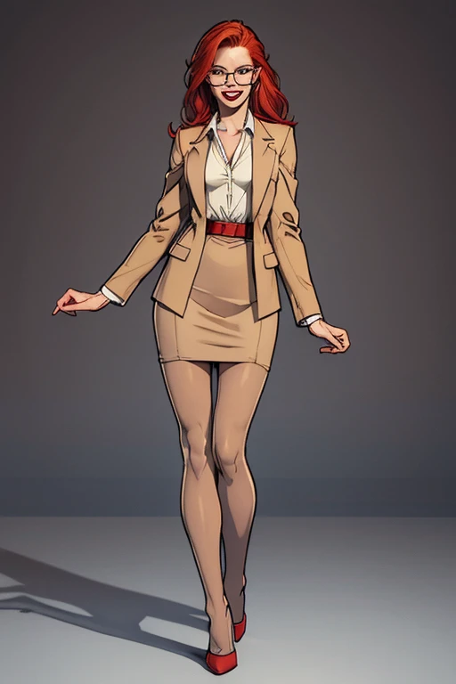 (full body:1.4), Tall, slender ((redhead)) woman of Irish descent. (pale:1.3)complexion. blue eyes, cute butt, nice legs. Kind eyes, cute (smile). Eyeglasses, red lipstick, taupe blazer and pencil skirt, blouse, beige pantyhose, stiletto heels.
