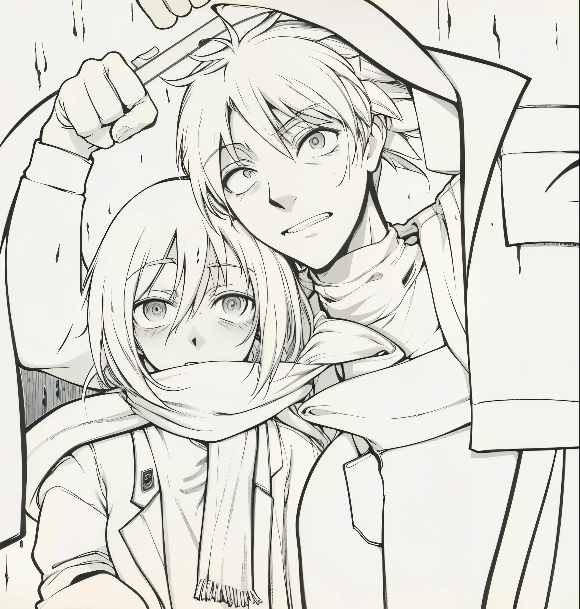 A boy and a boy used their coats to help keep out the rain,The main color is comic style,Colored in black, white and gray