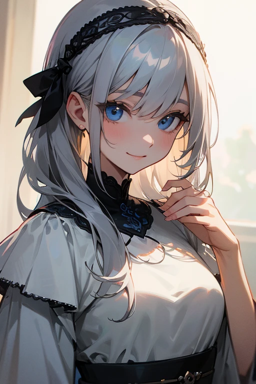 (masterpiece: 1.2, highest quality), (Actual Photos, Intricate details), 1. woman, alone, Upper Body, casual, Shoulder-length hair, Minimal makeup, Natural materials, Face close-up, smile, Home, Gray Hair, blue eyes, Shoulder Bare、優しいsmile、the face remains the same、gorgeous hair accessory、Black eye clothes、