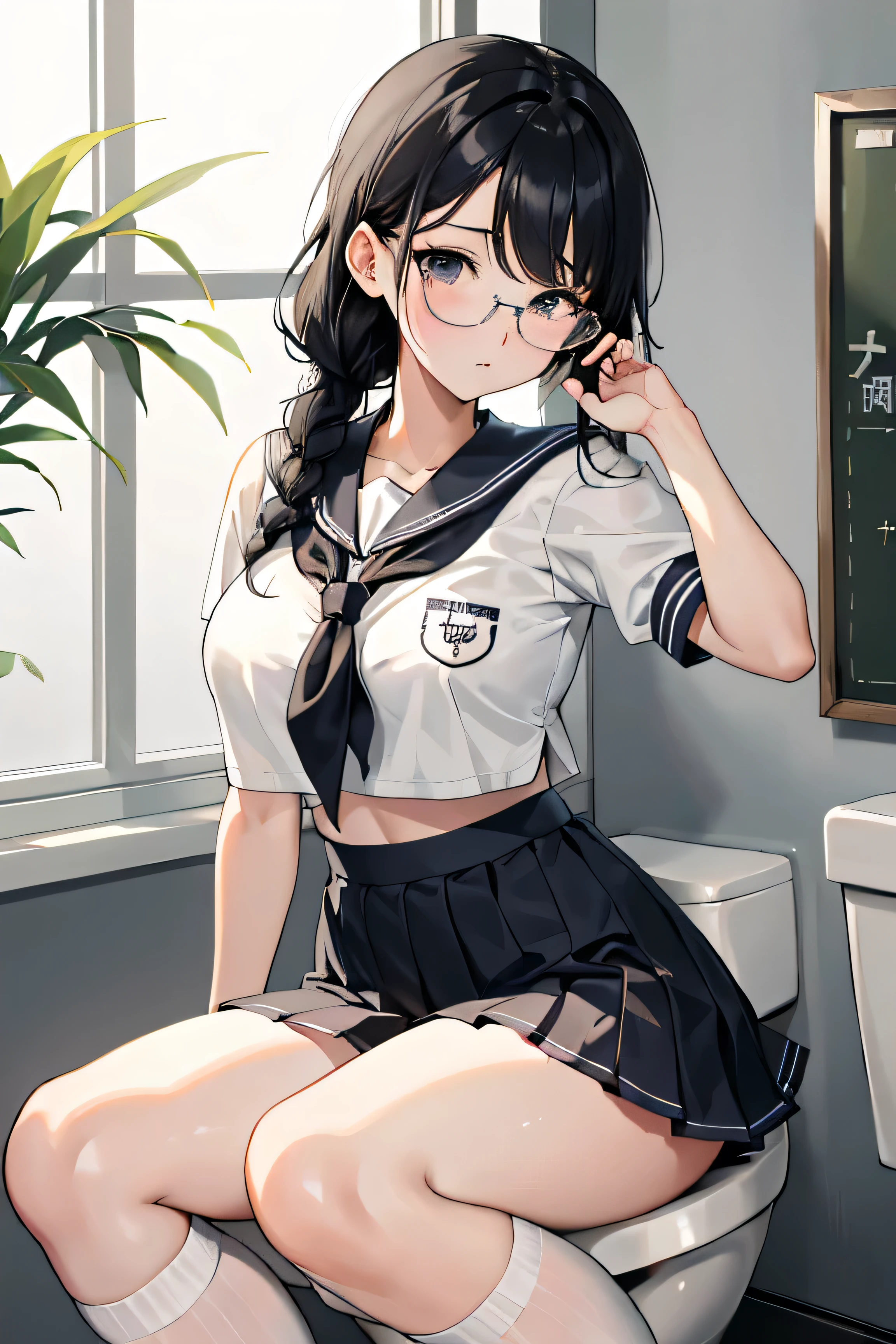 highest quality、High resolution、detailed background、beautiful and detailed face、beautiful and smooth skin、skin texture、professional lighting、cute teen girl、(huge breasts:1.2)、

sailor suit、white sailor collar、Cute plaid pleated mini skirt、black hair braided ponytail、Cute black glasses、white knee high socks、white knee socks、
pink floral embroidered panties、No bra、sleeveless、((Inside the school toilet、Crouching down, from a true-below angle:1.5))、Ultra-close-up of the real thing、
(close-up underwear from below), from below, Are standing, butt focus、

perfect body line、Well-defined body、emphasize the chest、emphasize cleavage、legs open、looking at me with cold eyes、Look at me with a slightly troubled expression、blush、Ass with lack of sexual desire、panty shot、camel toe
