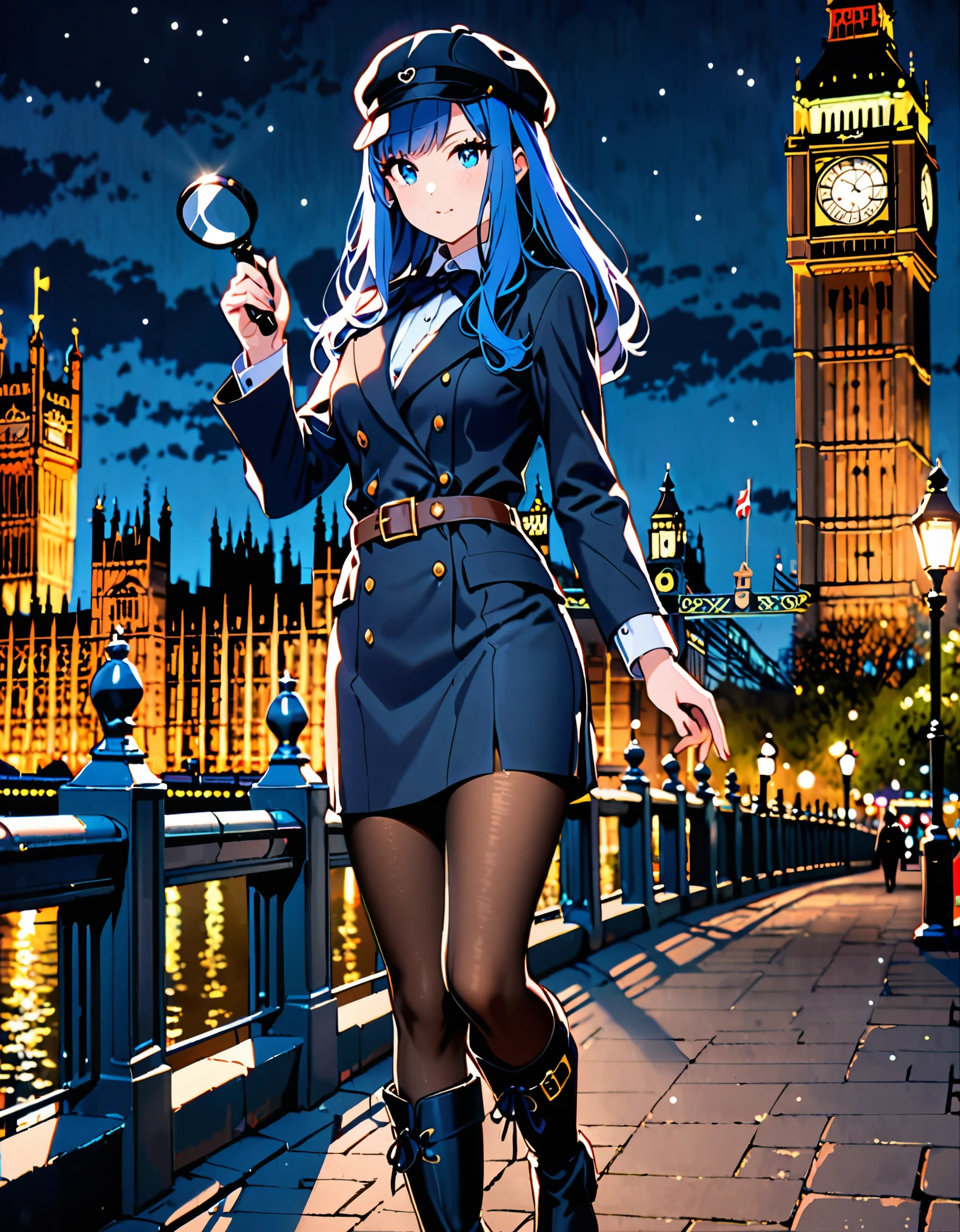 masterpiece, high quality, highres, solo, solo focus, 1girl, blue hair, blue eyes, beautiful detailed eyes, long hair, bangs, boots, hat, knee boots, pantyhose, pencil_skirt, skirt, solo, sherlock holmes cosplay, (holding magnifying glass), london backdrop, night