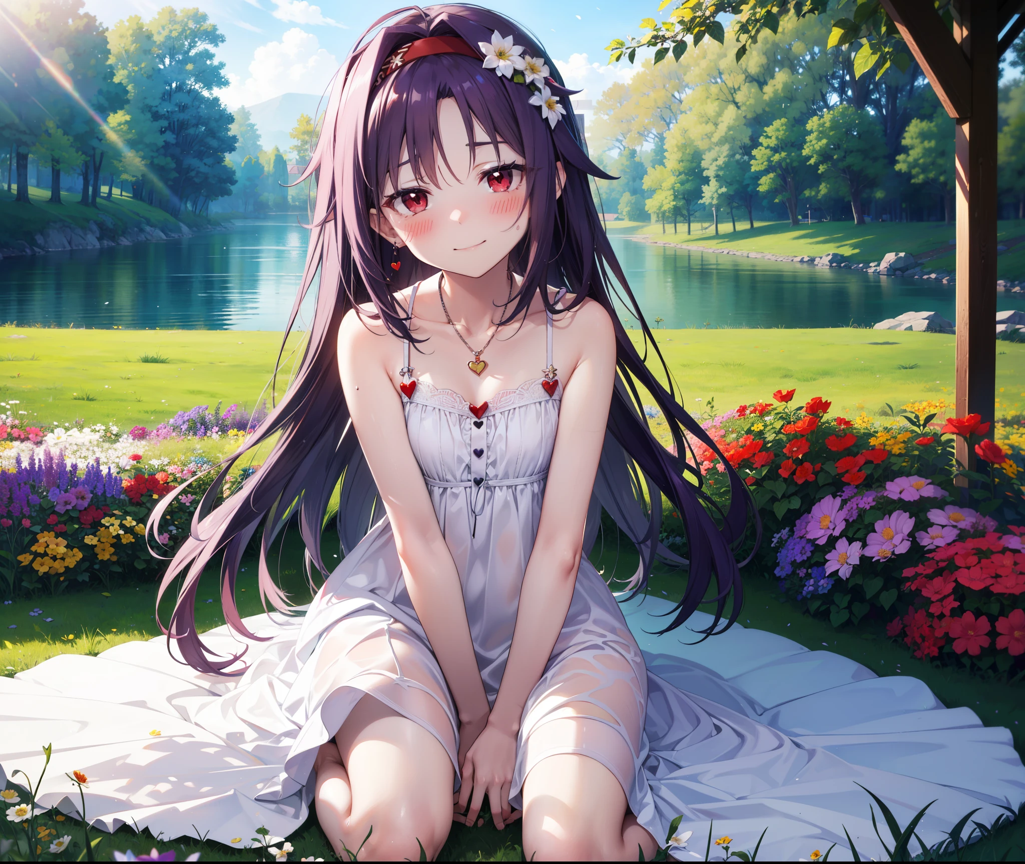 yuukikonno, Konno Yuuki, hair band, Long Hair, Pointed Ears, Purple Hair, (Red eyes:1.5), (Small breasts:1.2), Squint both eyes,blush,happy smile, smile, Close your mouth,White sleeveless dress,Bare arms,Heart Pendant,Long skirt,Barefoot flower crown,whole bodyがイラストに入るように,Sitting,Looking up from below,
break looking at viewer, whole body,
break outdoors, nature,Flower Field,Large Lake,
break (masterpiece:1.2), highest quality, High resolution, unity 8k wallpaper, (figure:0.8), (Beautiful fine details:1.6), Highly detailed face, Perfect lighting, Highly detailed CG, (Perfect hands, Perfect Anatomy),