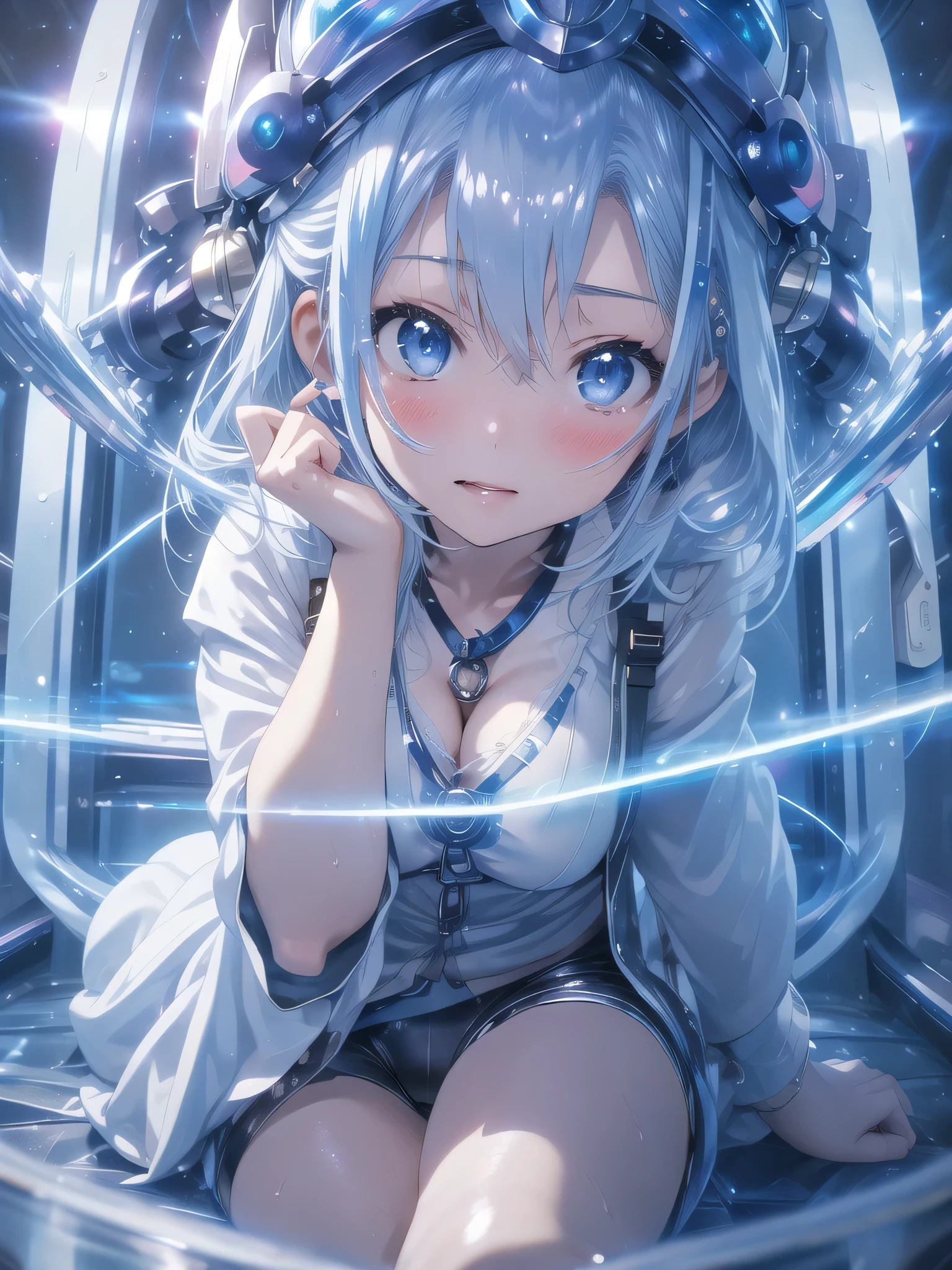 Glaring,Stardust、universe、1 girl(1:2)、Age 25、universe、masterpiece, highest quality, (delicate eyes and face), Volumetric Light, Ray Tracing, Very detailed CG Unity 8k wallpaper, , Hair above one eye, Light blue hair between the eyes、short hair、Light blue hair(1:2)、Looking at the audience, Seductive pose,Beautiful crystal eyes(1:1)、Show your eyes、grin and laugh、The art style resembles an attractive anime style. About image quality, priority (highest quality, 4K, 8k, High resolution, Bodyline 1.2), Very detailed, and (Realistic, Realistic, Realistic:1.37) ,Yoga poses.Ultra-fine painting, Sharp focus, Physically Based Rendering, Extremely detailed, Professional, Bright colors,、White shirt with a little sheer feel、Plump thighs、、phblue
scenery
blue theme