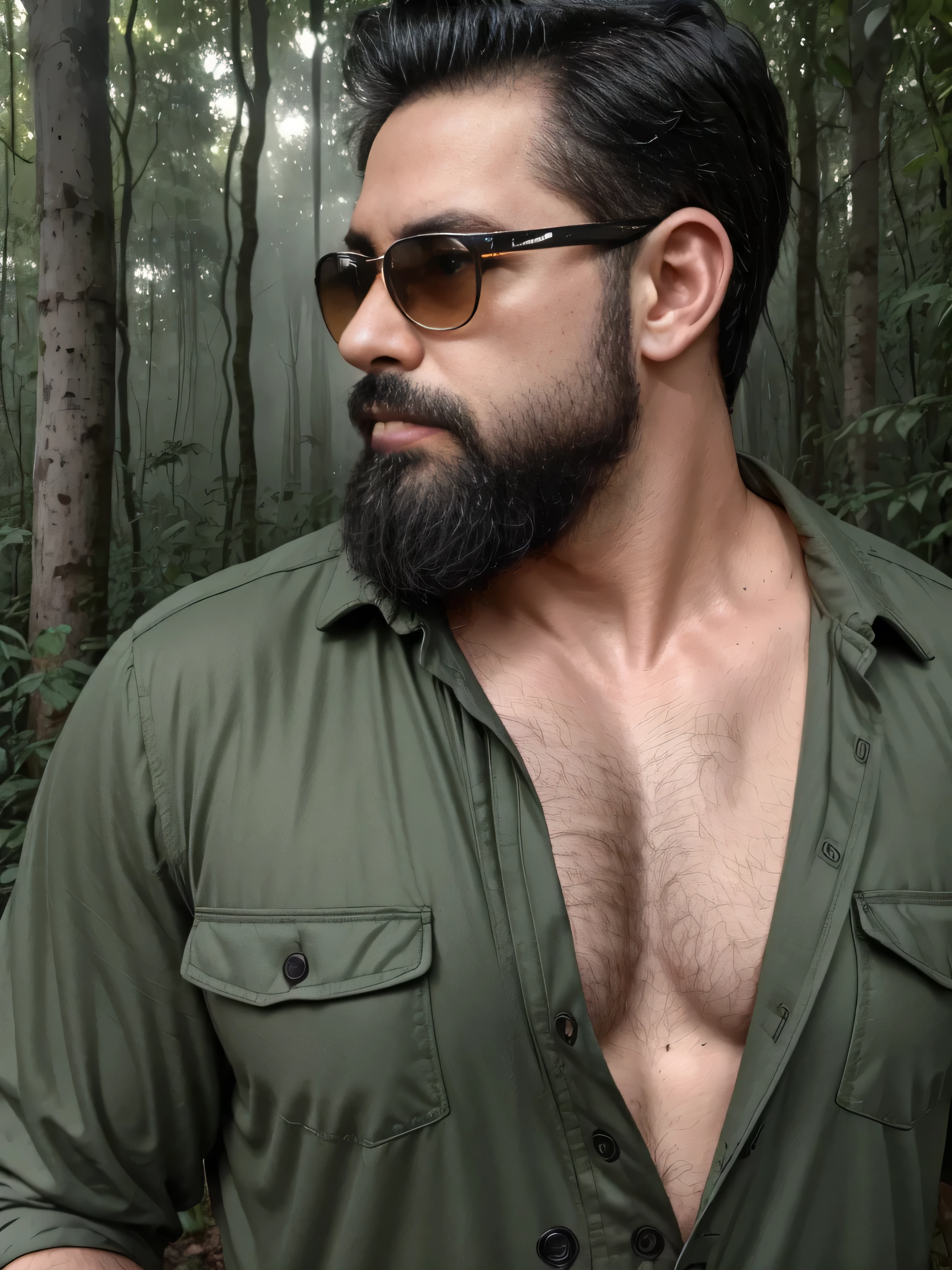 Create an ultra-detailed digital art image featuring a very masculine 38-year-old man with a beard and wearing dark sunglasses. He is shown in a medium shot, displaying the upper part of his body. The setting is a serene and mystical forest at dawn, with soft sunlight filtering through the trees. He wears a rugged, dark green jacket over a fitted shirt, blending with the natural surroundings. The forest is filled with lush greenery, dappled light, and an ethereal mist that adds a touch of magic to the scene. His expression is calm and contemplative, perfectly fitting the tranquil environment. The image should be rich in detail, capturing the texture of his clothing, the reflection in his sunglasses, and the serene beauty of the forest.