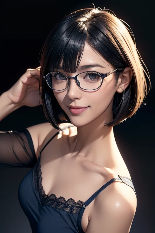 (masterpiece), (8k, best quality, high resolution), (ultra-detailed, realistic), (anatomically correct),  
((from above)), ((looking up)), 
((face close-up)), (Standing), (No background),
(1woman),  ((looking at viewer)), 
(A Japanese woman, 30 years old and 155cm tall.), 
((Wear a navy blue tunic camisole)), ((A camisole without decoration.)),  
(black hair), (straight hair), (short hair style), ((bob cut)), 
(wear glasses), (black square cell glasses), 
((smile broadly)), 
(Her impression is pure, clean and kind.),
