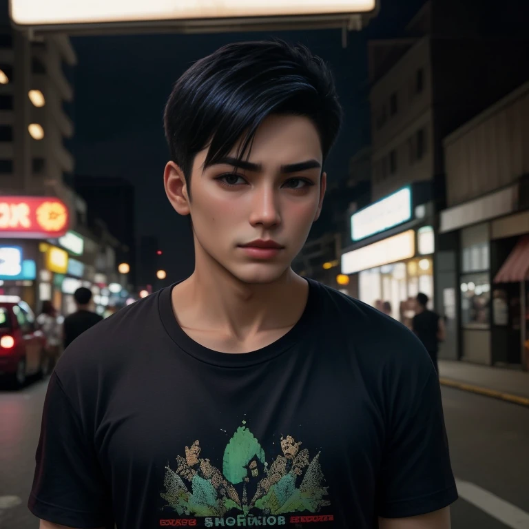 Aarav stood on the road in front of the store., Portrait in the middle of a shot, Amazing portrait of uuen, Handsome Chad Chin, Portrait 8 k, He wore a black t-shirt., Southeast Asians with round faces, Portrait of Jughead Jones, Handsome Japanese demon boy, Asian man, Damian Tran, movie image, Shot with Sony Alpha