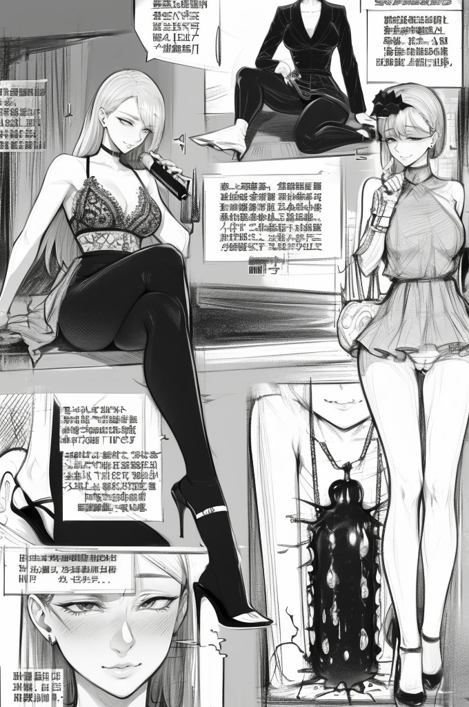 The beautiful girl in lace top and leggings is sitting astride a pile of skeletons in the center of the picture. She is holding a trembling sausage with juice squeezed out in her hand and smiling. There are multiple comic storyboards in the background,cbt, sausage bondage,sausage insertion,Sexy, trampling sausage with high heels heel,(masterpiece, best quality:1.2),1 beautiful girl,sexy,comic storyboard:2, leggings, sit astride, axially symmetrical:2, ,femdom,sounding,cbt,hold,smile,colorful,leggings,thin gap,cameltoe,insertion,trembling,juice,spray, Long hair,Lace top,Sexy, Shiny leggings, High heel,cleveage, trampling, in forest, saliva , Mucus,