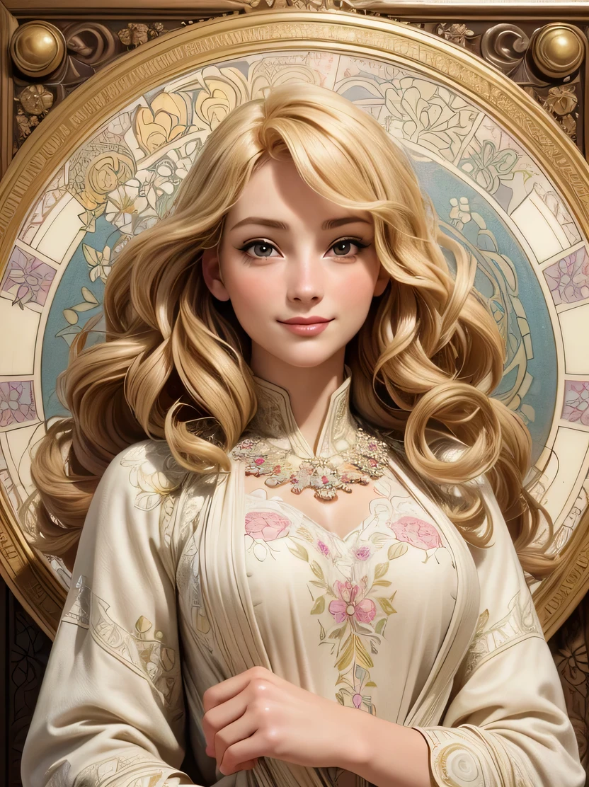 ((masterpiece、highest quality、Very detailed、High resolution、Photorealistic、Sharp focus、Cinema Lighting))、((One Woman、Mid Shot、Face Light))、High contrast、European woman portrait、smile、In underwear、Long Curly Hair、blonde、Floral Decoration Frame、Decorative panel、Abstract art、Alphonse Mucha、Detailed hand drawing、Fibonacci
