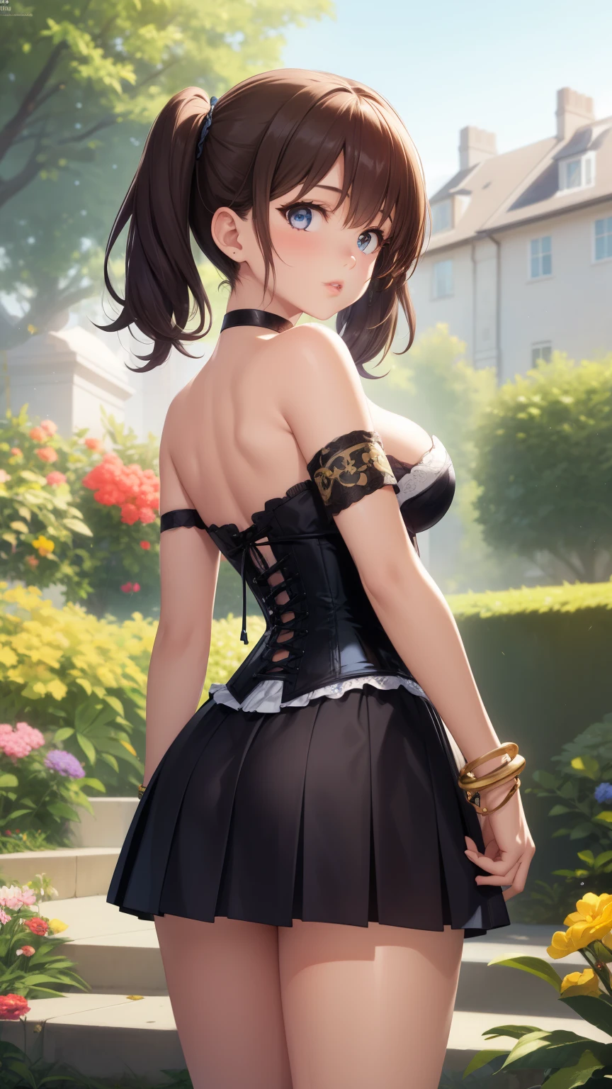 1girl, natural lighting, masterpiece, highly detailed, illustration, game CG, absurdres, high quality, aichan, medium breasts, beautiful detailed eyes, medium hair, twintails, bangs, glossy lips, lips parted, garden, standing, strapless corset, miniskirt, cleavage, jewelry, choker, bracelets, armband, looking back at viewer