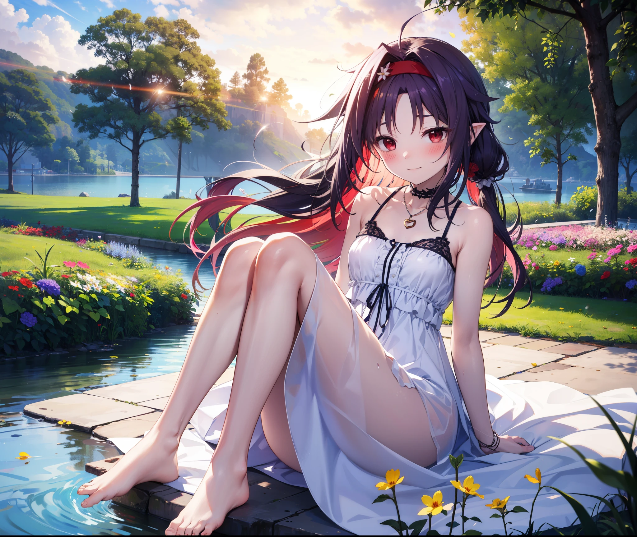 yuukikonno, Konno Yuuki, hair band, Long Hair, Pointed Ears, Purple Hair, (Red eyes:1.5), (Small breasts:1.2), Squint both eyes,blush,happy smile, smile, Close your mouth,White sleeveless dress,Bare arms,Heart Pendant,Long skirt,Barefoot flower crown,whole bodyがイラストに入るように,Sitting,Looking up from below,
break looking at viewer, whole body,
break outdoors, nature,Flower Field,Large Lake,
break (masterpiece:1.2), highest quality, High resolution, unity 8k wallpaper, (figure:0.8), (Beautiful fine details:1.6), Highly detailed face, Perfect lighting, Highly detailed CG, (Perfect hands, Perfect Anatomy),