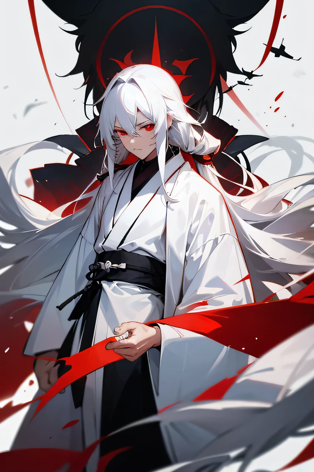 Man with long white kimono, white long hairs, red eyes, black Japan belt on white long kimono, black scarf, emotionless. Only white long kimono with black Japan belt and scarf on neck