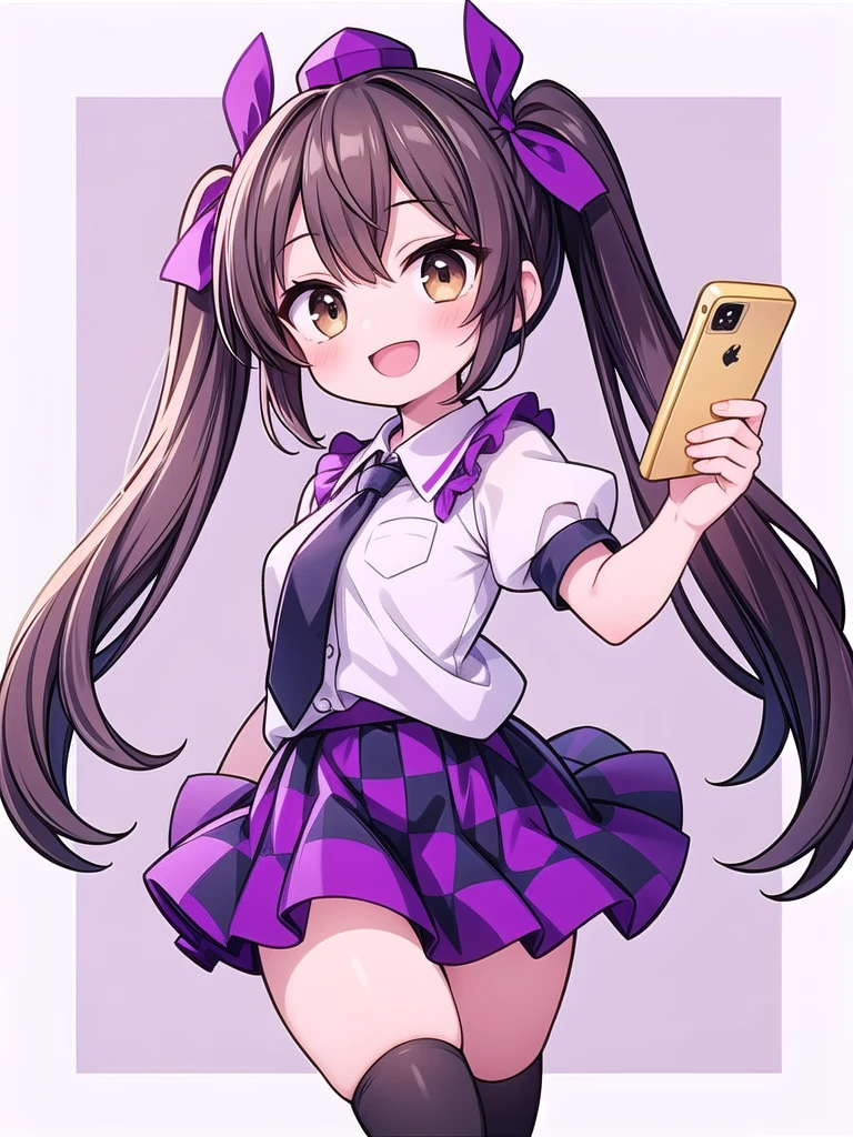 1girl, himekaidou hatate, hat, skirt, brown hair, white shirt, black necktie, twintails, short sleeves, brown eyes, tokin hat, checkered clothes, hair ribbon, purple checkered skirt, phone, purple headwear, puffy short sleeves, smile, long hair, bangs, collared shirt, purple ribbon, miniskirt, blush, black thighhighs