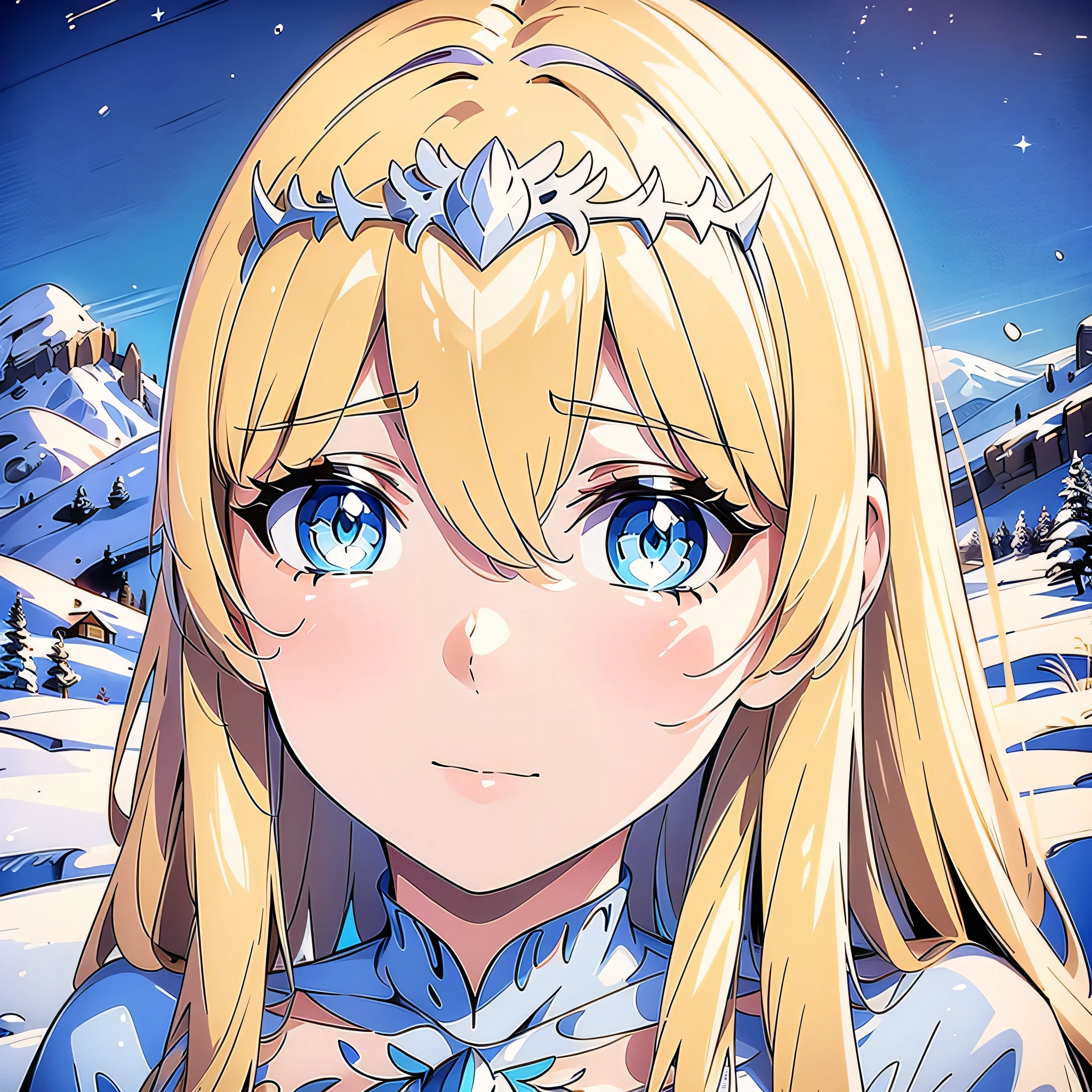 1girl, upper body, portrait, beautiful mountain background, aurora, winter, cinematic angle, cinematic lighting, (oil painting), picture frame, ((masterpiece)), ((best quality)), ((ultra-detailed)), (illustration), ((an extremely delicate and beautiful)), solo, Calca, Calca Bessarez, blonde hair, extremely long hair, very long hair, white tiara, silver tiara, white dress, blue eyes, medium chest, long straight hair