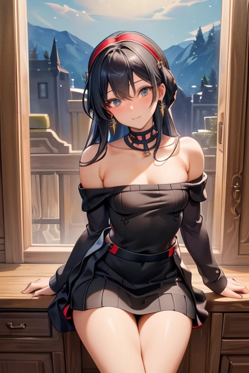 (dynamic angle:1.3, front view:1.1, breast focus:1.3, from below:1.2), (dynamic posing:1.5, sexy posing:1.3, leaning forward), (seductive smiling:1.3),masterpiece, 1girl, (pointed chest:1.3), cleavage:1.1,(double breasted:1.4,under bust:1.4), Amazing Cleavage:1.5, thin waist, cute ass, Raised sexy, (small breast: 1.6) posed cleavage:1.4、solo, looking at viewer, open mouth, have a grass of beergrass,black hair, blue eyes, bare shoulders, jewelry, collarbone, sidelocks, hairband, earrings, indoors, (red off shoulder sweater dress:1.3,skirts:1.6), arms behind back, short hair with long locks, blue white hairband, big side hair, very long side hair is rendered in (masterpiece: 1.2, best quality), with (ultra high resolution) and an exquisite (depth of field). This masterpiece is not only visually stunning but also tells, a scene of cooking in the kitchen
