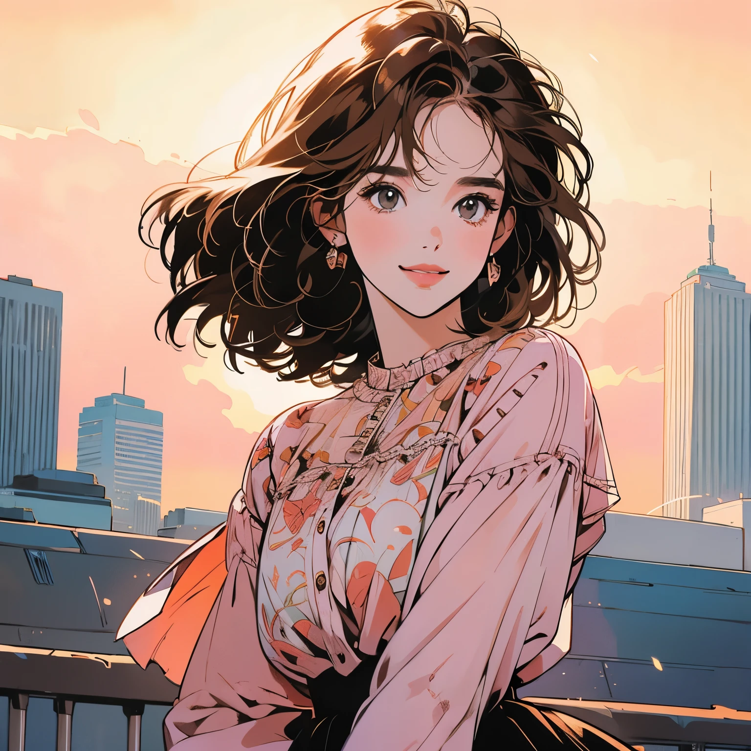 whole body、Kind Face、1 pretty woman、4k、Pattern、blouse、skirt、Rooftop、skyscraper、Large space、Sunset、Complex background、Detailed Hair、smile、Light brown hair、Faint lighting、Short Hair