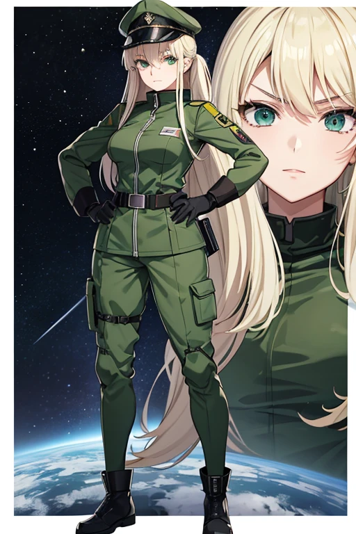 Anime drawings、Full body portrait、Space Sci-Fi Soldier、A woman around 175cm tall, around 48 years old, wearing a dark green military uniform, holding a beam sword、Long hair tied up in one hairstyle、Platinum Blonde Hair、Military bootilitary cap、Green Eyes、Glaring
