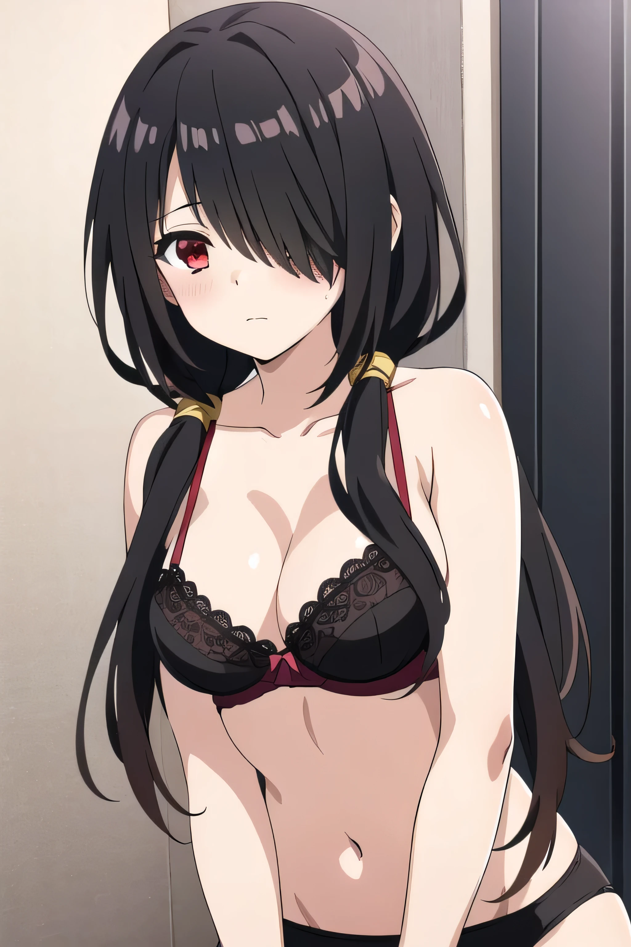 1girl, masterpiece, high quality, medium breast, bright breasts, safe, shining , blush face, cleavage, standing, tokisaki kurumi, black hair, low twintails, (hair over one eye:1.5), (red eyes:1.2), wet white jacket, black lace bra, showing her bra, show bra, close the camera