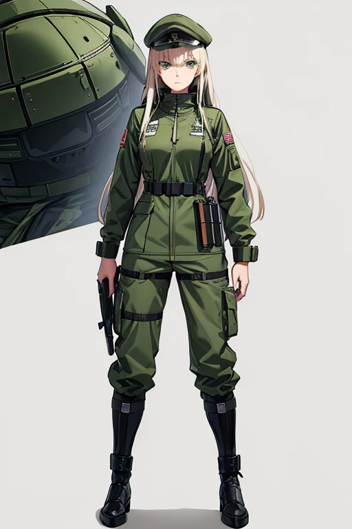 Anime drawings、Full body portrait、Space Sci-Fi Soldier、A woman around 175cm tall, around 48 years old, wearing a dark green military uniform, holding a beam sword、Long hair tied up in one hairstyle、Platinum Blonde Hair、Military bootilitary cap、Green Eyes、Glaring