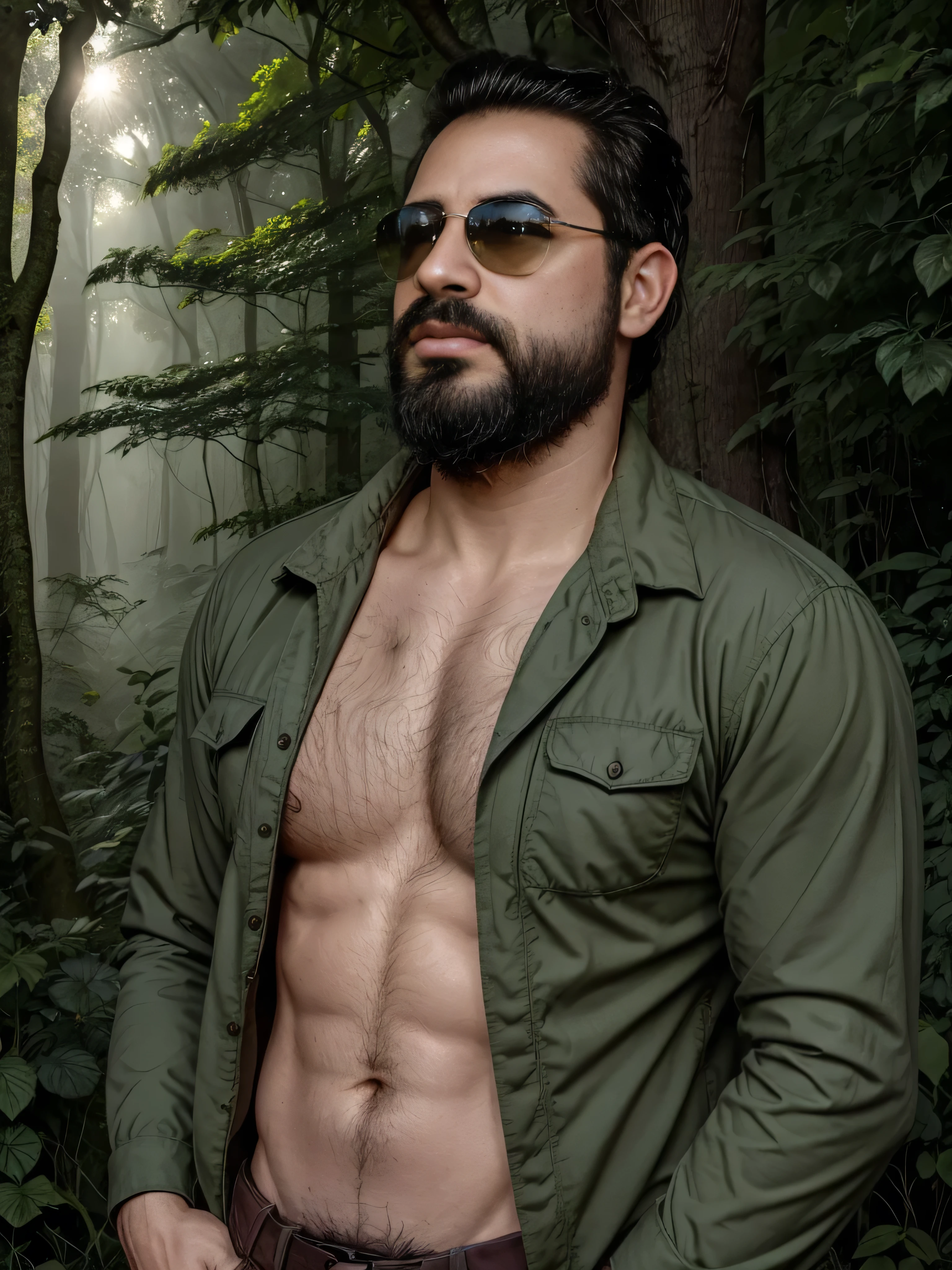Create an ultra-detailed digital art image featuring a very masculine 38-year-old man with a beard and wearing dark sunglasses. He is shown in a medium shot, displaying the upper part of his body. The setting is a serene and mystical forest at dawn, with soft sunlight filtering through the trees. He wears a rugged, dark green jacket over a fitted shirt, blending with the natural surroundings. The forest is filled with lush greenery, dappled light, and an ethereal mist that adds a touch of magic to the scene. His expression is calm and contemplative, perfectly fitting the tranquil environment. The image should be rich in detail, capturing the texture of his clothing, the reflection in his sunglasses, and the serene beauty of the forest.