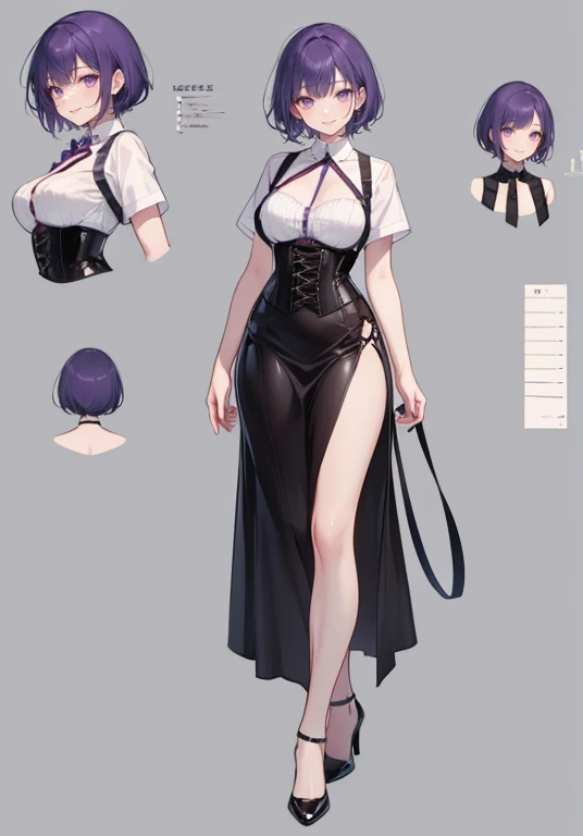 Purple hair,short hair,Adult female,Bartender,((Body harness)),((Rolling up your sleeves shirt)),Open-chested clothing,(Corset),(Long skirt),(slit),High heels,((Simple background)),Smile,((Full body)),((whole body)),Character Sheet,