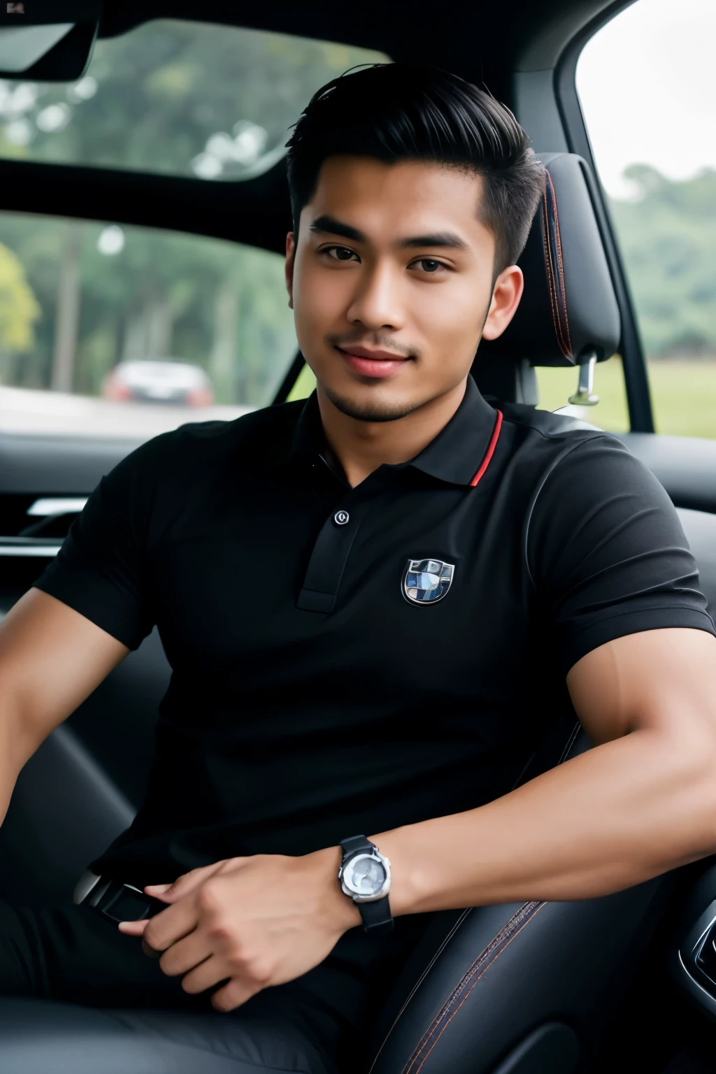 a picture of Handsome MELAYU Malaysia Men , Have Little Bit Beard on face, wear Black polo shirt, in sleeve shirt have strip, gentleman Style Pose, while hand on steering drive in BMW M4 car, sit in Car chair
((best quality)), ((masterpiece)), (detailed), perfect face,