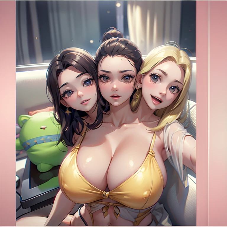 Three heads, 3head, three women in a bed with a pink sheet and a teddy bear, real size, grueso, 3 cabezas, Busto, Deep forgery, 3/4 Busto, realmente realista, really large Busto, parece realista, 18 years, very muy muy realista, 1 8 son, Bustoy, big Busto, muy muy realista, alexa gracia, memes