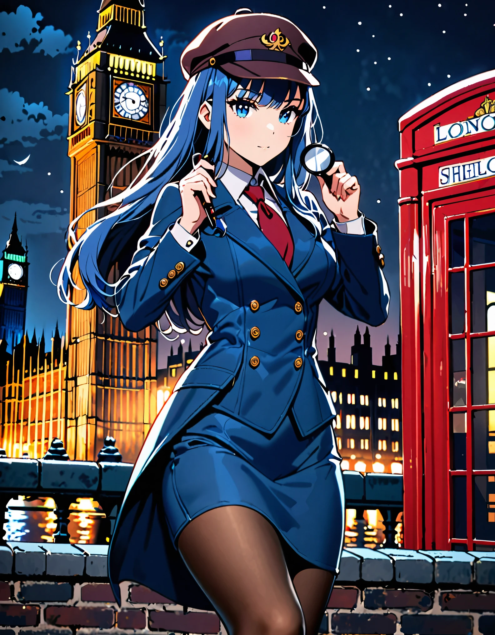 masterpiece, high quality, highres, solo, solo focus, 1girl, blue hair, blue eyes, beautiful detailed eyes, long hair, bangs, blue jacket, red tie, boots, hat, blue knee boots, pantyhose, blue pencil skirt, skirt, solo, sherlock holmes cosplay, (holding magnifying glass), london backdrop, night