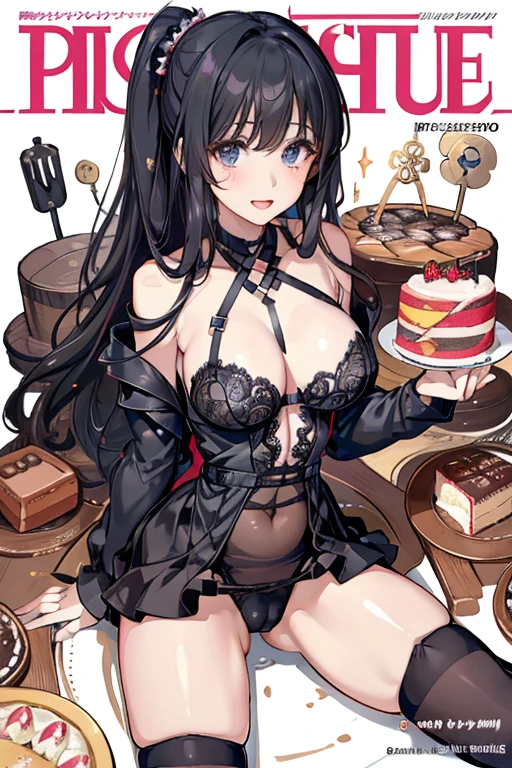 1 girl, small nose, very beautiful detailed face and eyes, bright colors, cute face, delicate beautiful face, Bright magenta eyes, cute eyes, sparkling eyes, Big eyes, (big breasts:1.3), (perky chest:1.1), (pointed chest:1.0), (cake magazine cover:1.3),highest quality, WorKs of masters, High resolution,BlacK color hair,shiny hair, side ponytail,hair between eyes,bangs, (black jacket, real clothes, cleavage, black skirts, black thighhighs, thigh strap, fingerless gloves, single glove:1.2) , spread legs, panties shot, medium hips, glamorous body, white skin, smile, thin pubric hair, super beautiful face, Super beautiful eyes, Super beautiful hair,trendy outfit,sexy and attractive,full body esbian, Real World, Natural light,perfect Natural light,(with sparkling eyes and a contagious smile), This masterpiece is not only visually stunning but also tells, make of cake cooking , in the kitchen, open mouth, looking at viewer,