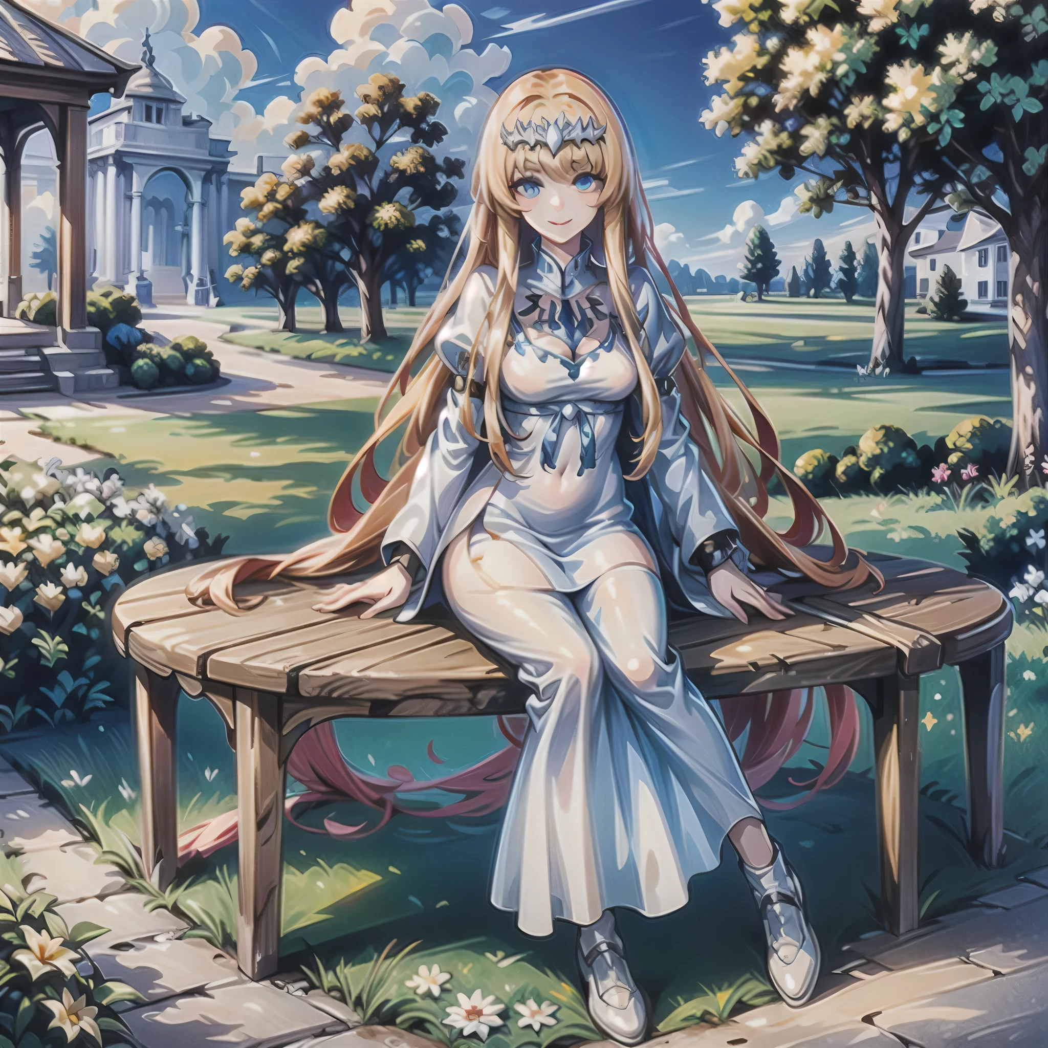 masterpiece, high resolution, detailed face, detailed eyes, smiling, sitting, drinking tea, table,full body. outdoors, garden , 1girl, solo, Calca, Calca Bessarez, blonde hair, (extremely long hair:1.5), very long hair, white tiara, white dress, blue eyes, medium chest