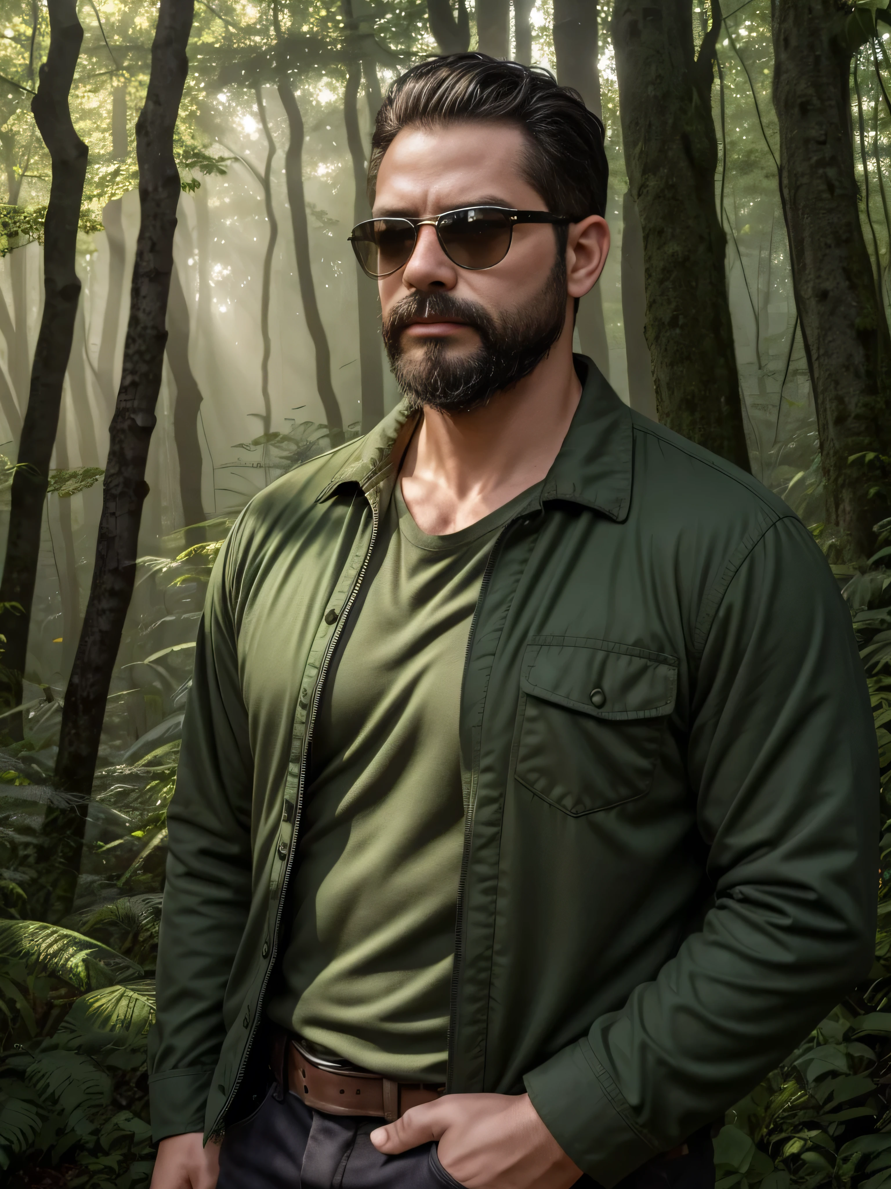 Create an ultra-detailed digital art image featuring a very masculine 38-year-old man with a beard and wearing dark sunglasses. He is shown in a medium shot, displaying the upper part of his body. The setting is a serene and mystical forest at dawn, with soft sunlight filtering through the trees. He wears a rugged, dark green jacket over a fitted shirt, blending with the natural surroundings. The forest is filled with lush greenery, dappled light, and an ethereal mist that adds a touch of magic to the scene. His expression is calm and contemplative, perfectly fitting the tranquil environment. The image should be rich in detail, capturing the texture of his clothing, the reflection in his sunglasses, and the serene beauty of the forest.