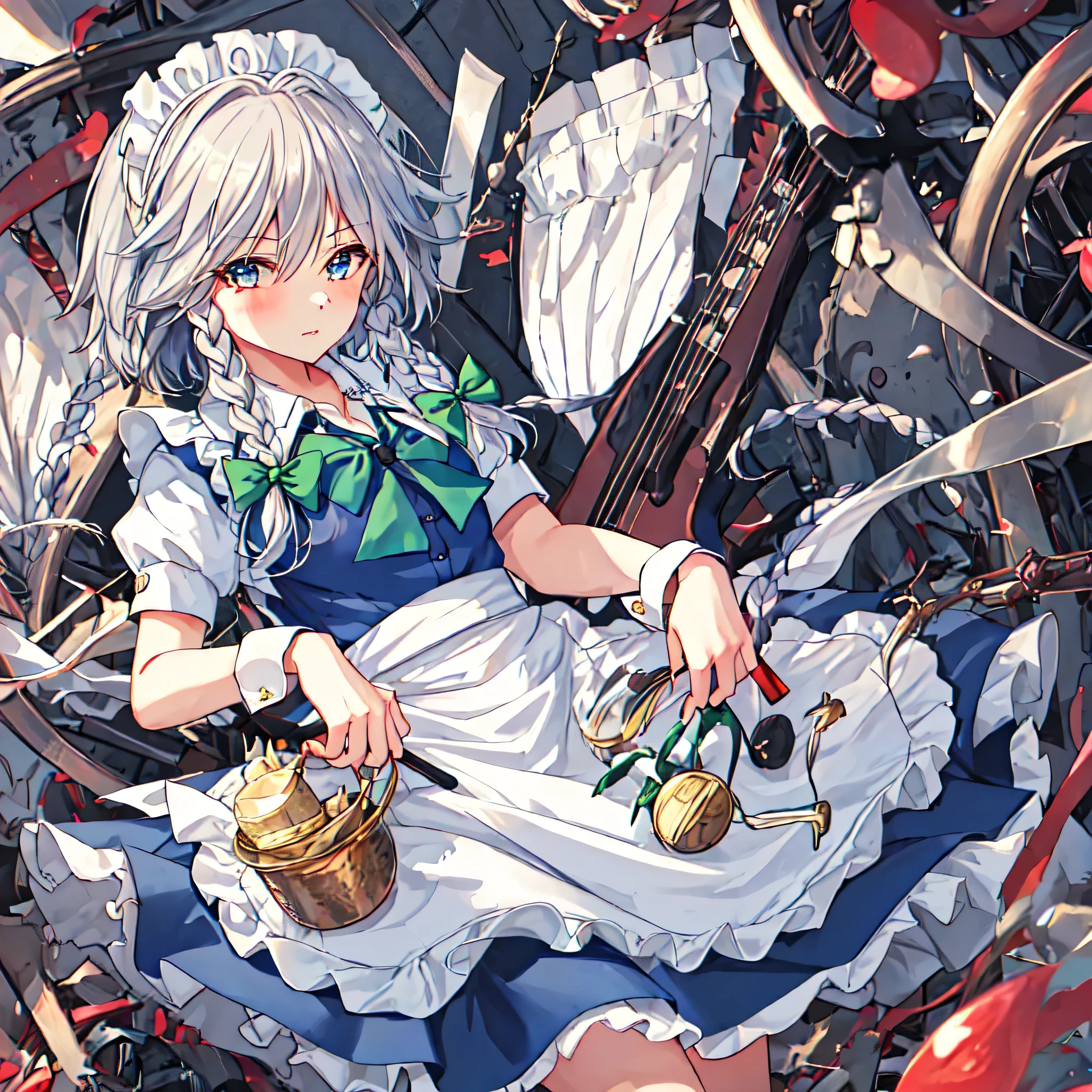 best quality, Masterpiece, height, alone, {Izayoi_Sakuya_Toho:1.15}, braid, twin_braids, maid_headdress, short_hair, maid, bow, gray_hair, hair_bow, smooth, light blue_eyes, ribbon, hair_between_eyes, chest, apron, on_body, green_bow, white_hair, red_eyes, (1girl:1.7), solo