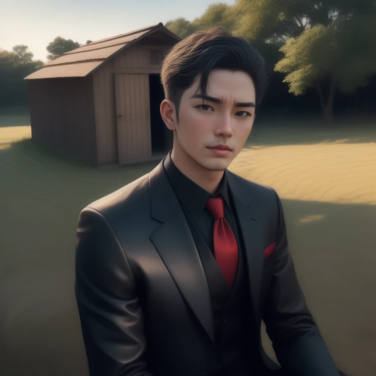 There was a man wearing a suit and tie sitting in a rice field., wearing a black and red suit, black and red suit, red and black suit, Wearing a black nobleman's robe, Handsome male vampire, Streamer lags / Gamer Ludwig, strict suit, A great and beautiful portrait., in the style of sifu 🔥 😎 🕹️ 👀 :2, in a black suit