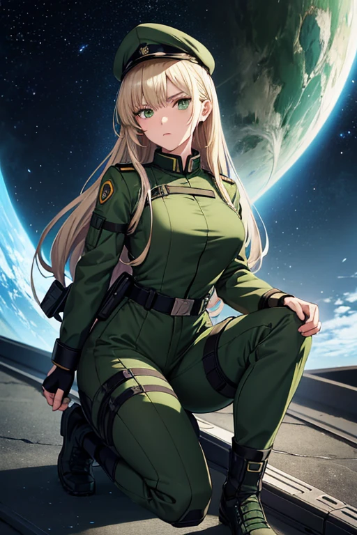 Anime drawings、Full body portrait、Space Sci-Fi Soldier、A woman around 175cm tall, around 48 years old, wearing a dark green military uniform, holding a beam sword、Long hair tied up in one hairstyle、Platinum Blonde Hair、Military bootilitary cap、Green Eyes、Glaring