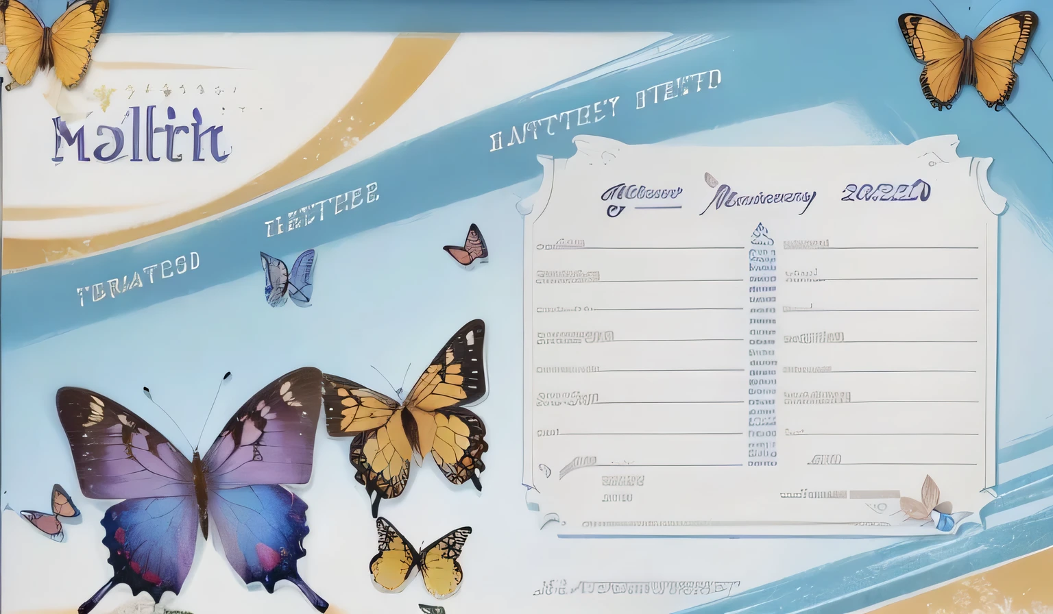 there is a picture of a butterfly themed menu with a price list, ssr card, full card design, highly details form, inside view, rear view, invitation card, ui card, butterfly, transformation scene-h 768, harmony of butterfly, butterflies, '0 0 s nostalgia, trading card front, candid photograph, photo taken in 2 0 2 0