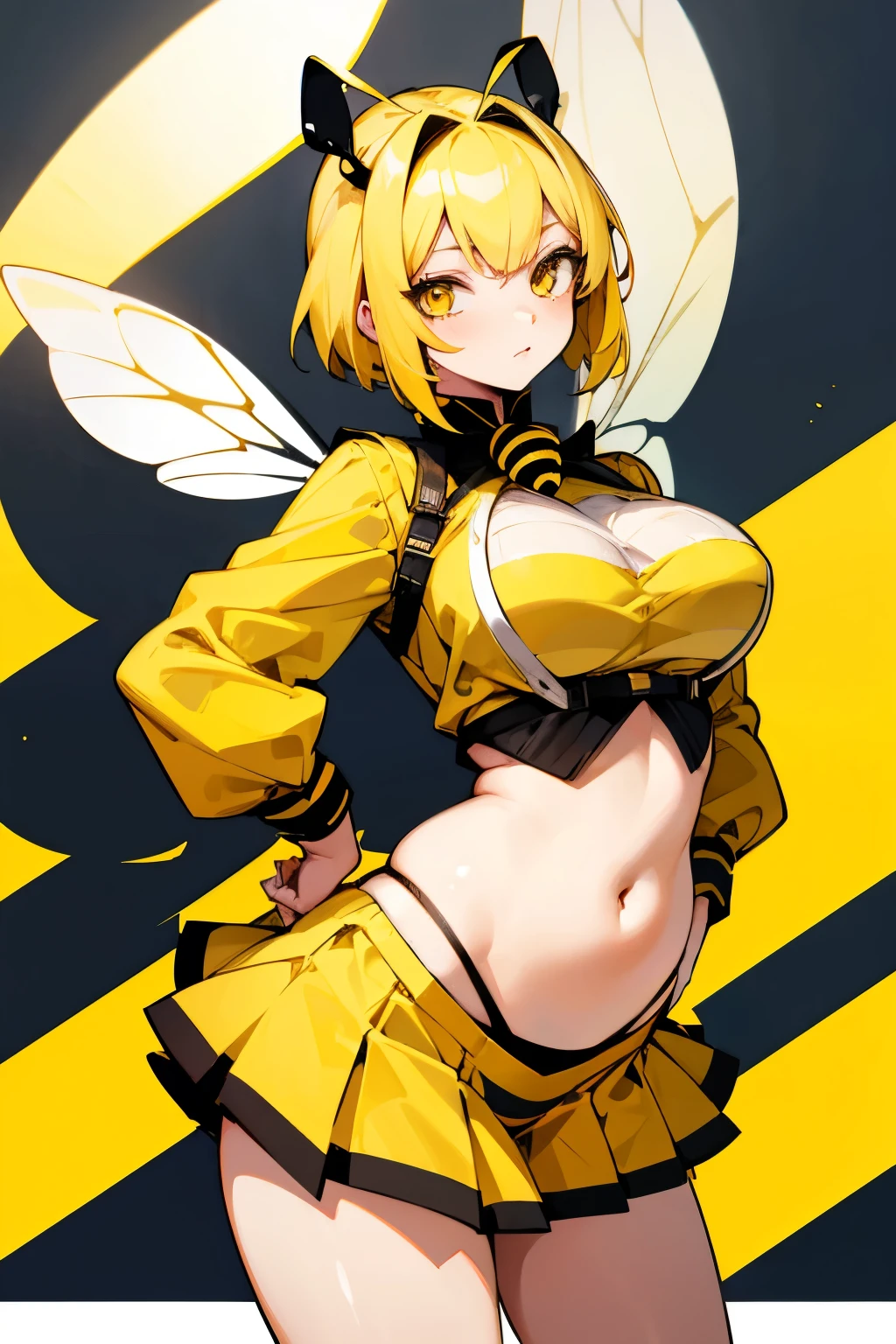 Girl, bee, short yellow hair, yellow eyes, striped bee costume, big breasts, exposed belly, short skirt, bee wings, queen bee