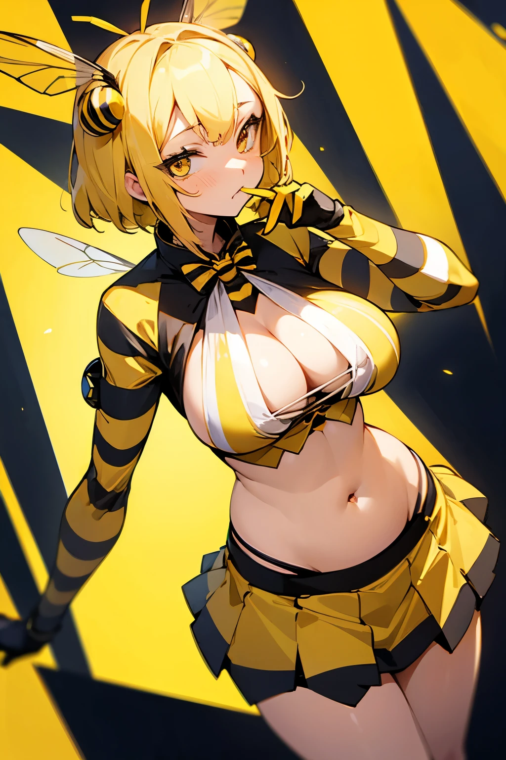 Girl, bee, short yellow hair, yellow eyes, striped bee costume, big breasts, exposed belly, short skirt, bee wings, queen bee