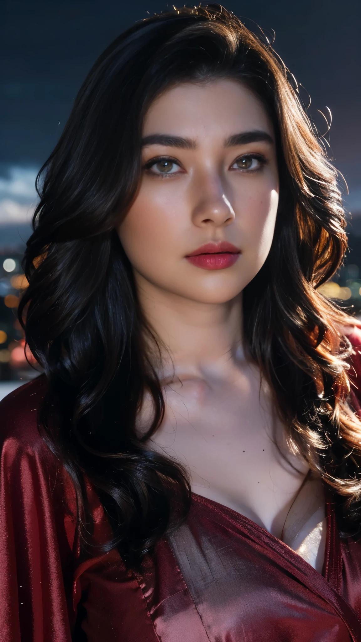  a sexy women, (colorful),(finely detailed beautiful eyes and detailed face),cinematic lighting,bust shot,extremely detailed CG unity 8k wallpaper,wavy hair,solo,angry face,red nighgown dress,((flying petal)), sky, cloudy_sky, building, moonlight, night, (dark theme:1.3), light, fantasy, masterpiece, best quality,